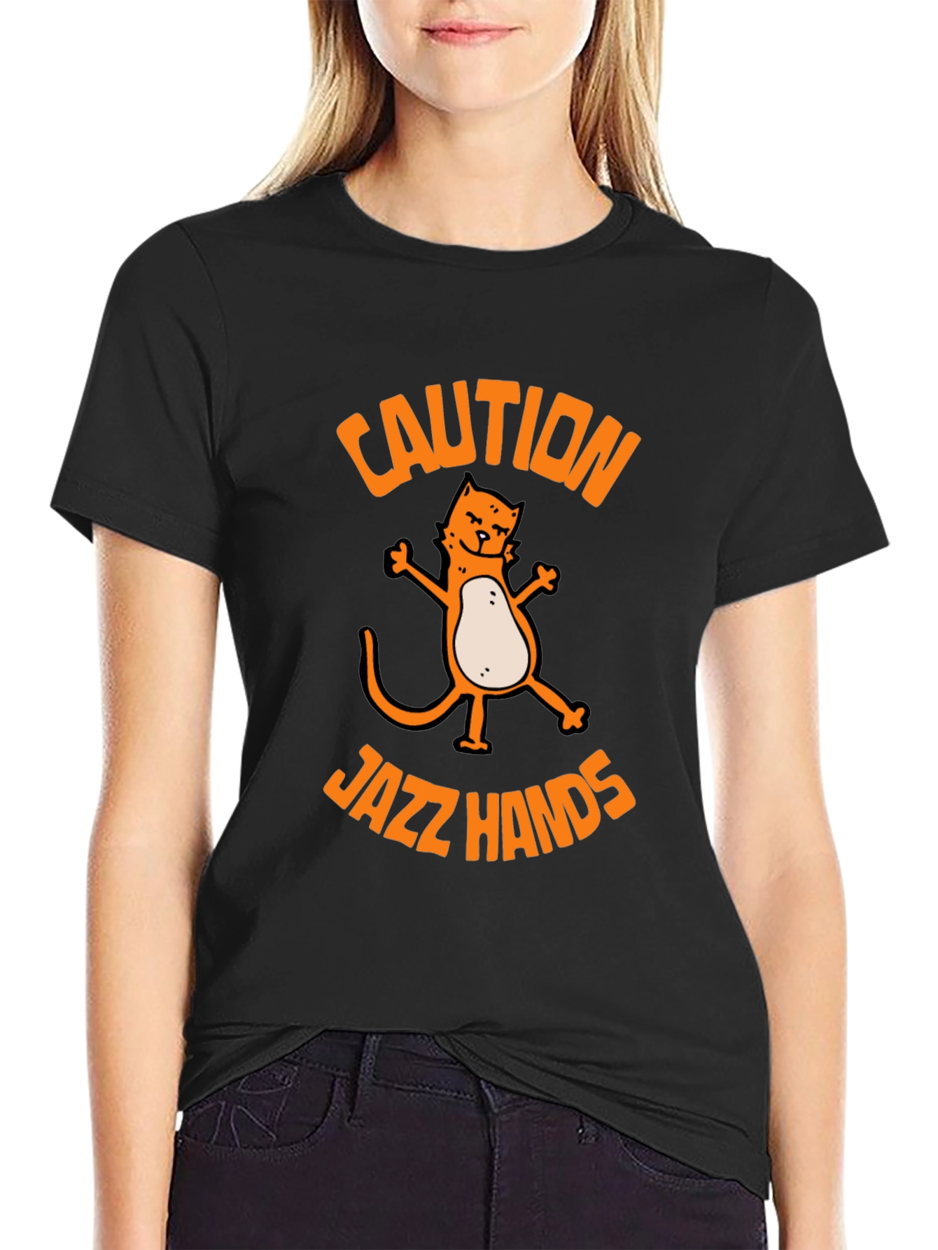 Black Caution Jazz Hands Cat Graphic Tee - Black view 2