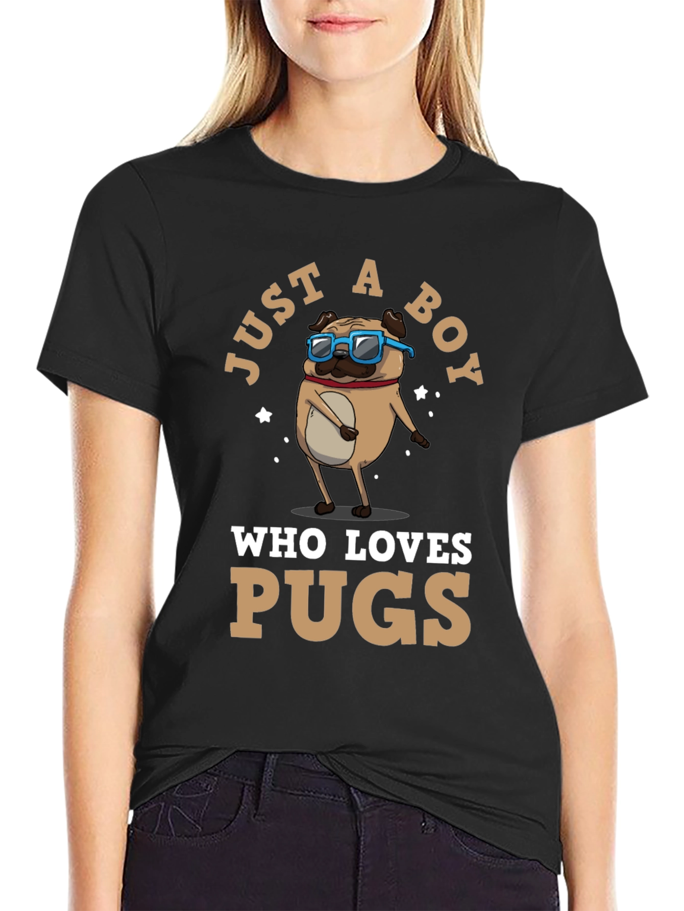 Black Just a Boy Who Loves Pugs T-Shirt view 2