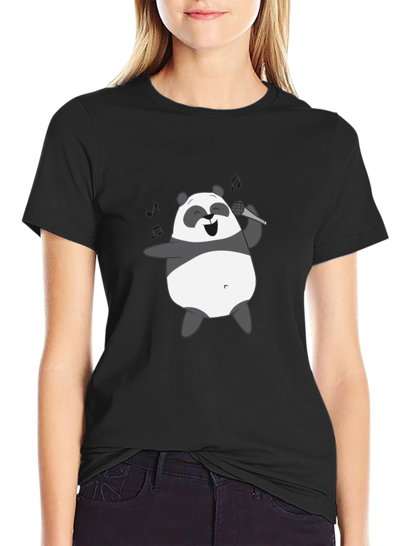 Black Singing Panda Graphic Tee - Black Cotton T-Shirt view 2