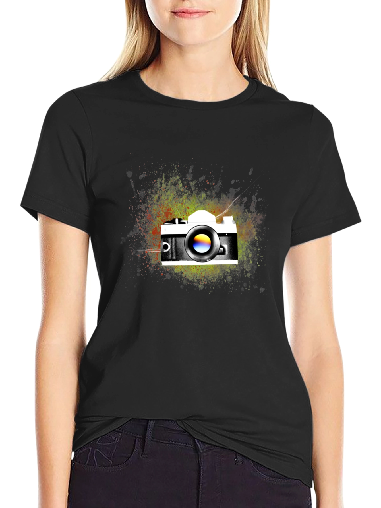 Black Vintage Camera Graphic Tee - Black Cotton Blend T-Shirt view 2