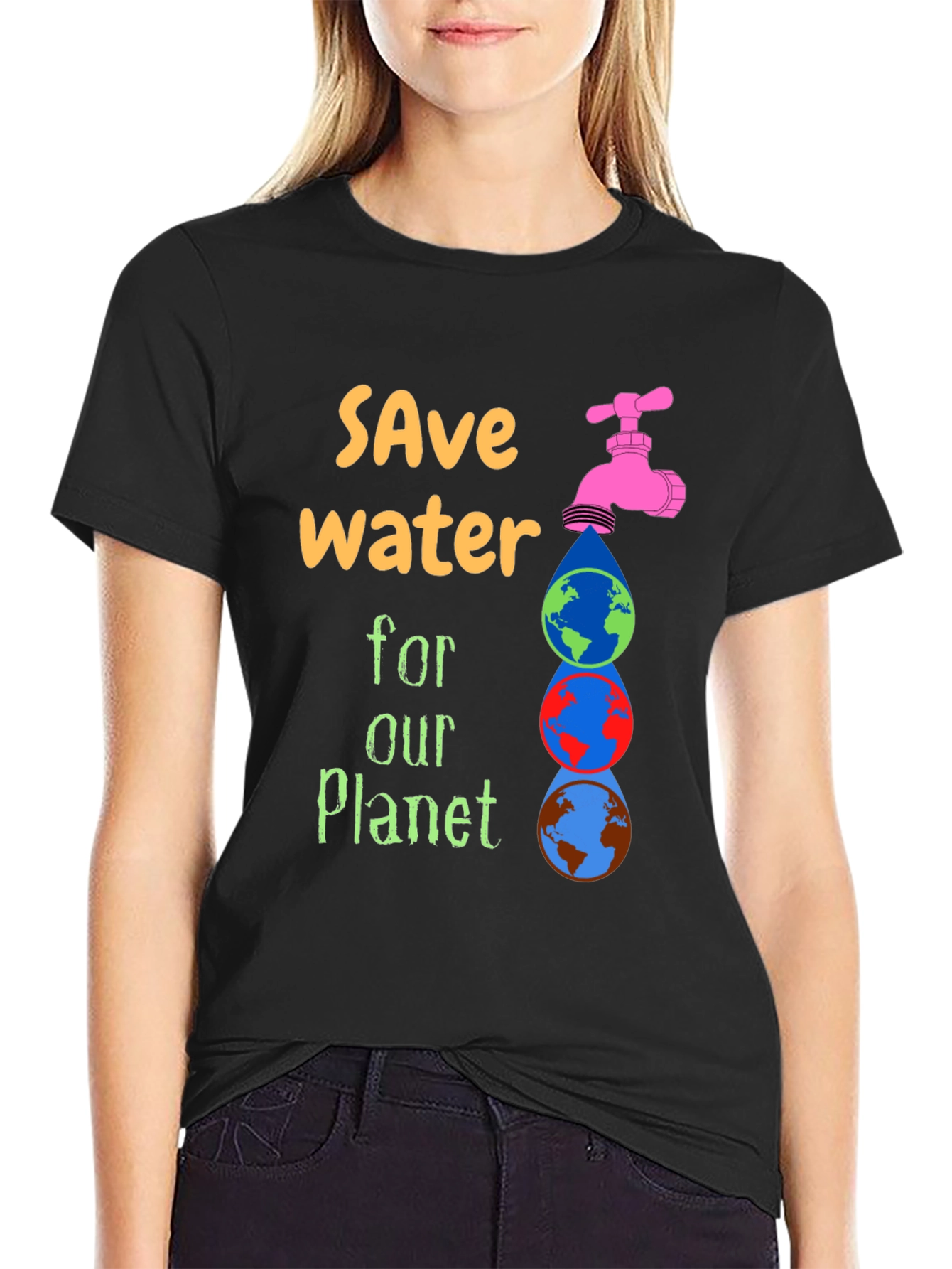 Black Save Water Graphic Tee - Planet Conservation T-Shirt view 2