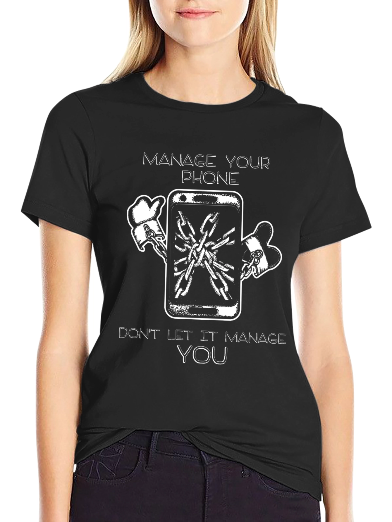 Black Manage Your Phone Black Graphic T-Shirt view 2