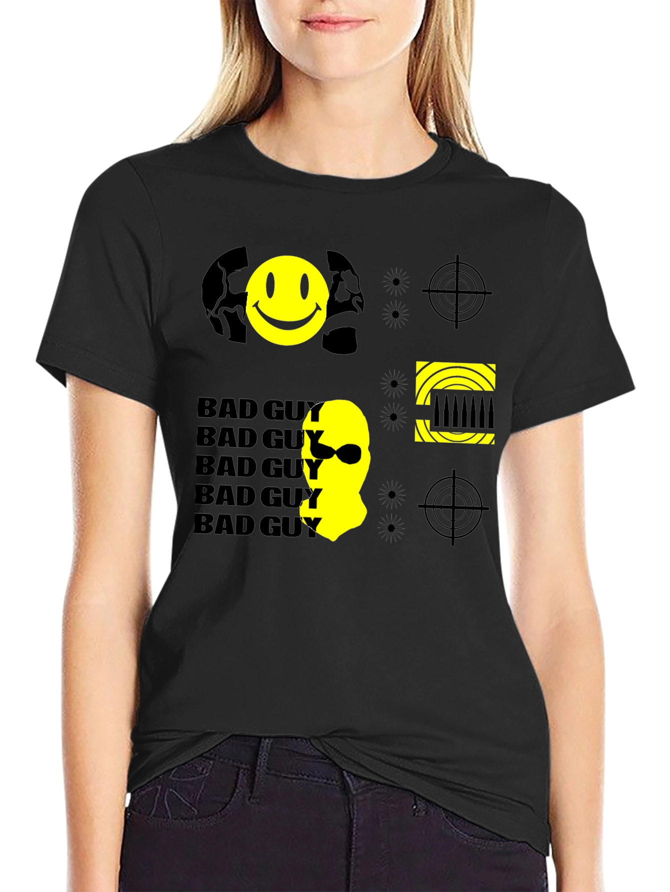 Black Bad Guy Graphic Print Tee - Black Cotton Crew Neck T-Shirt view 2