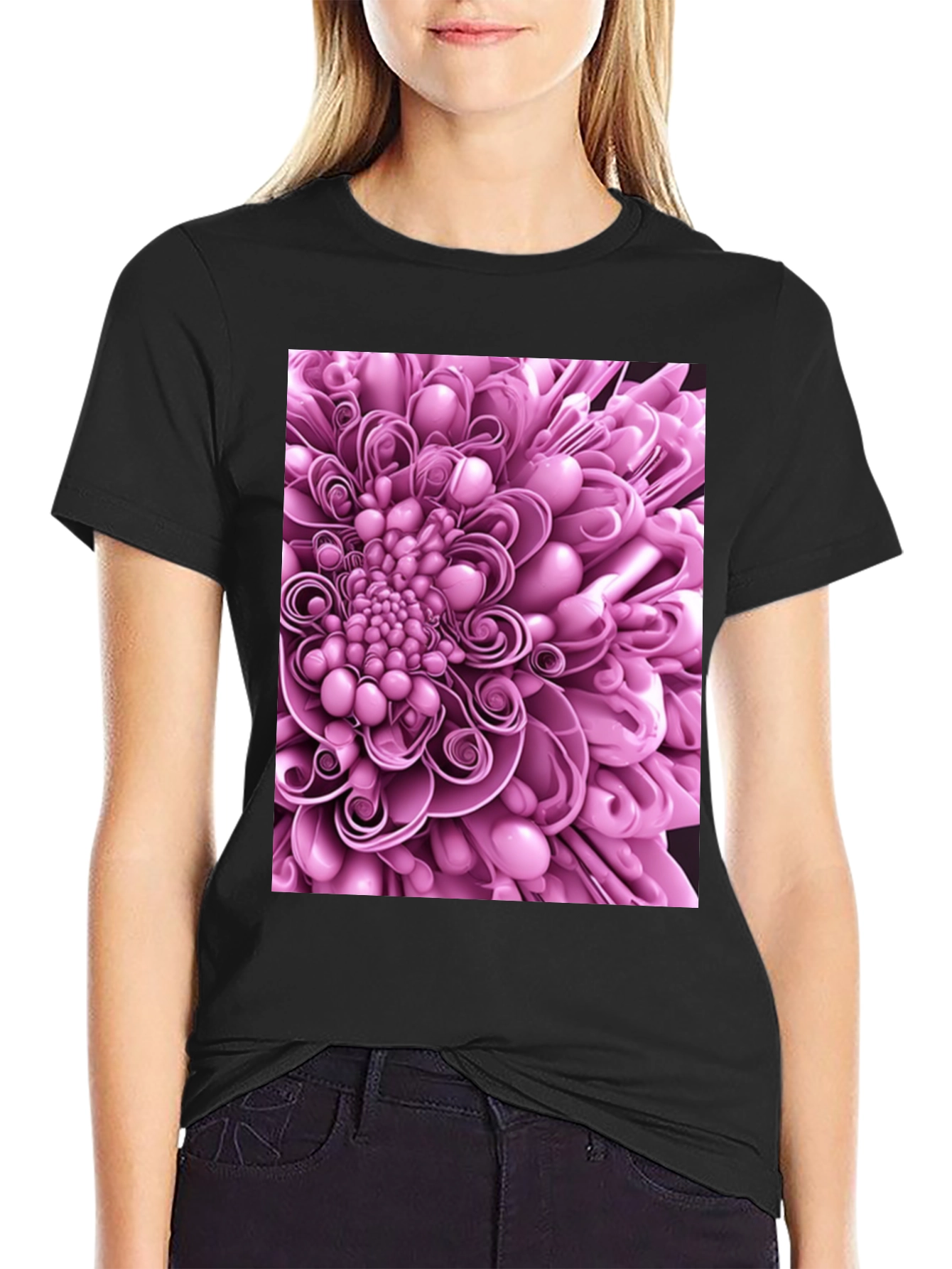 Black Abstract Flower Graphic Print Black T-Shirt view 2