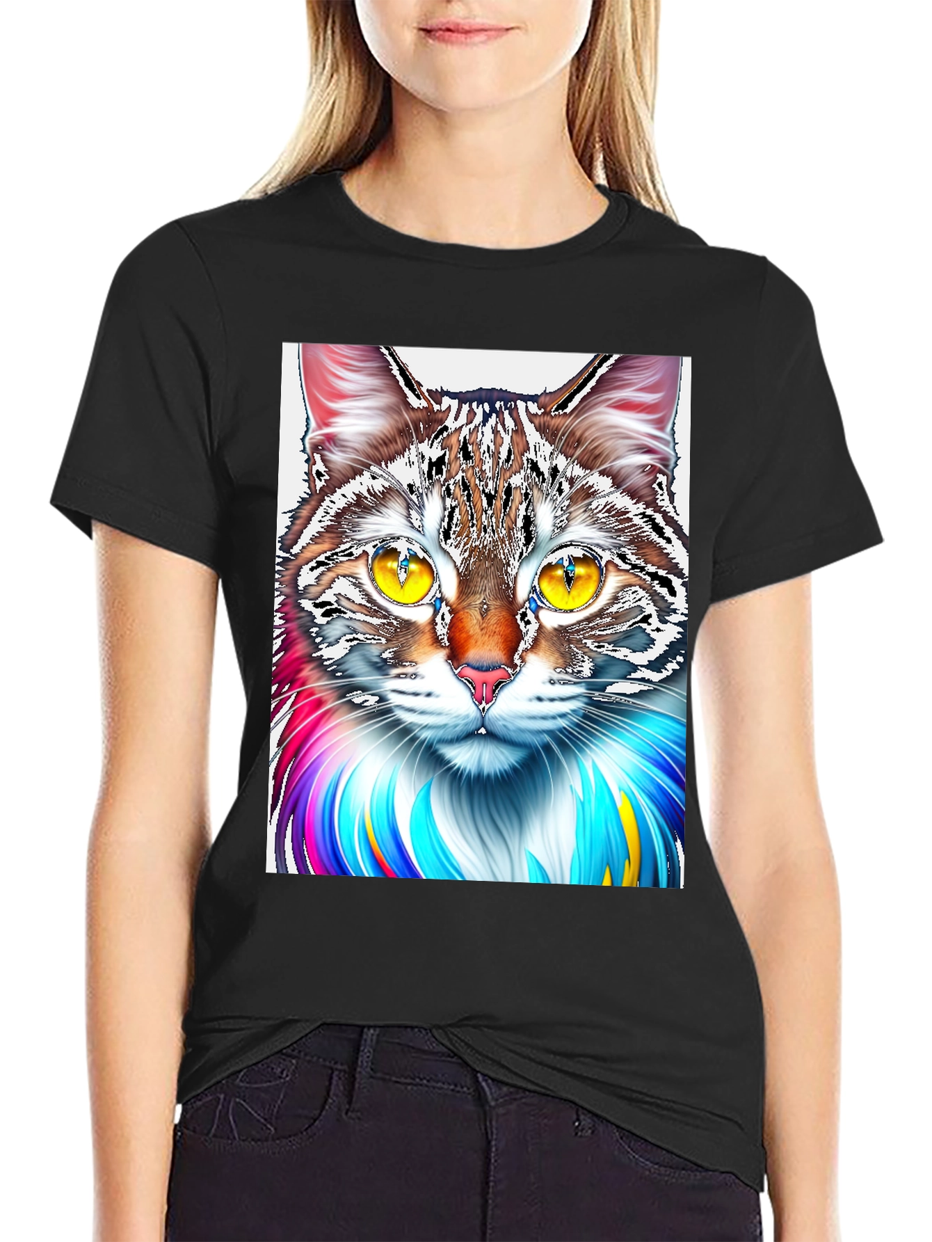 Black Colorful Cat Graphic Print Black T-Shirt view 2