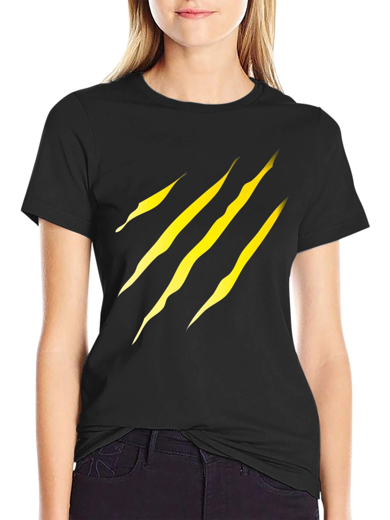 Black Men's Black T-Shirt with Yellow Claw Scratch Design view 2