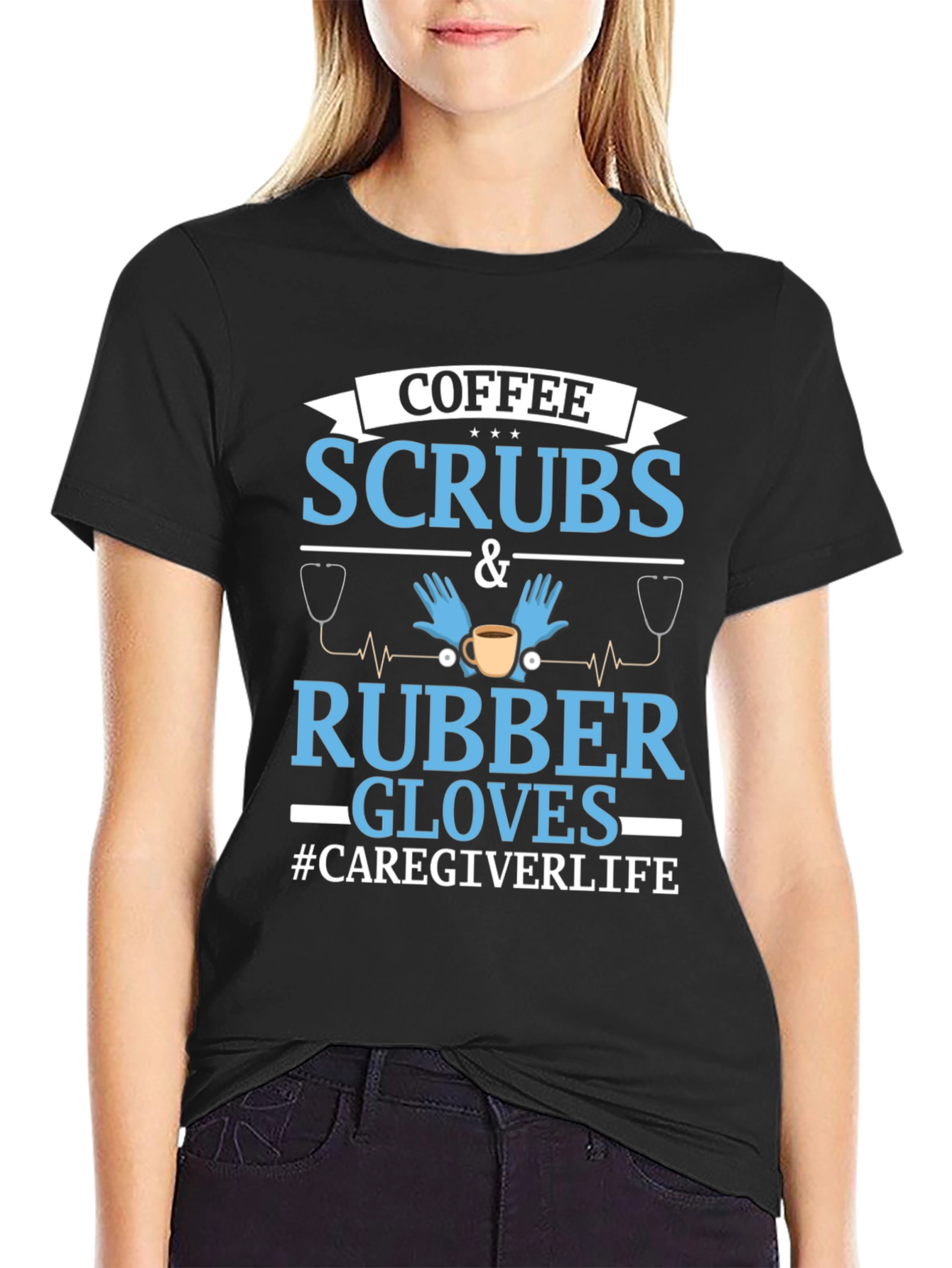 Black Coffee Scrubs & Rubber Gloves Caregiver T-Shirt view 2
