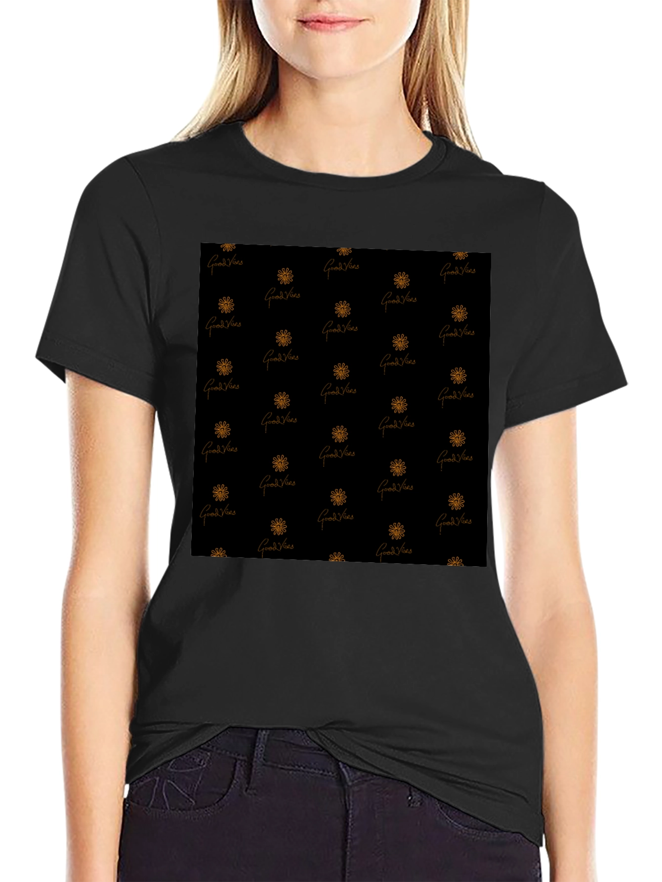 Black Good Vibes Patterned Black T-Shirt view 2