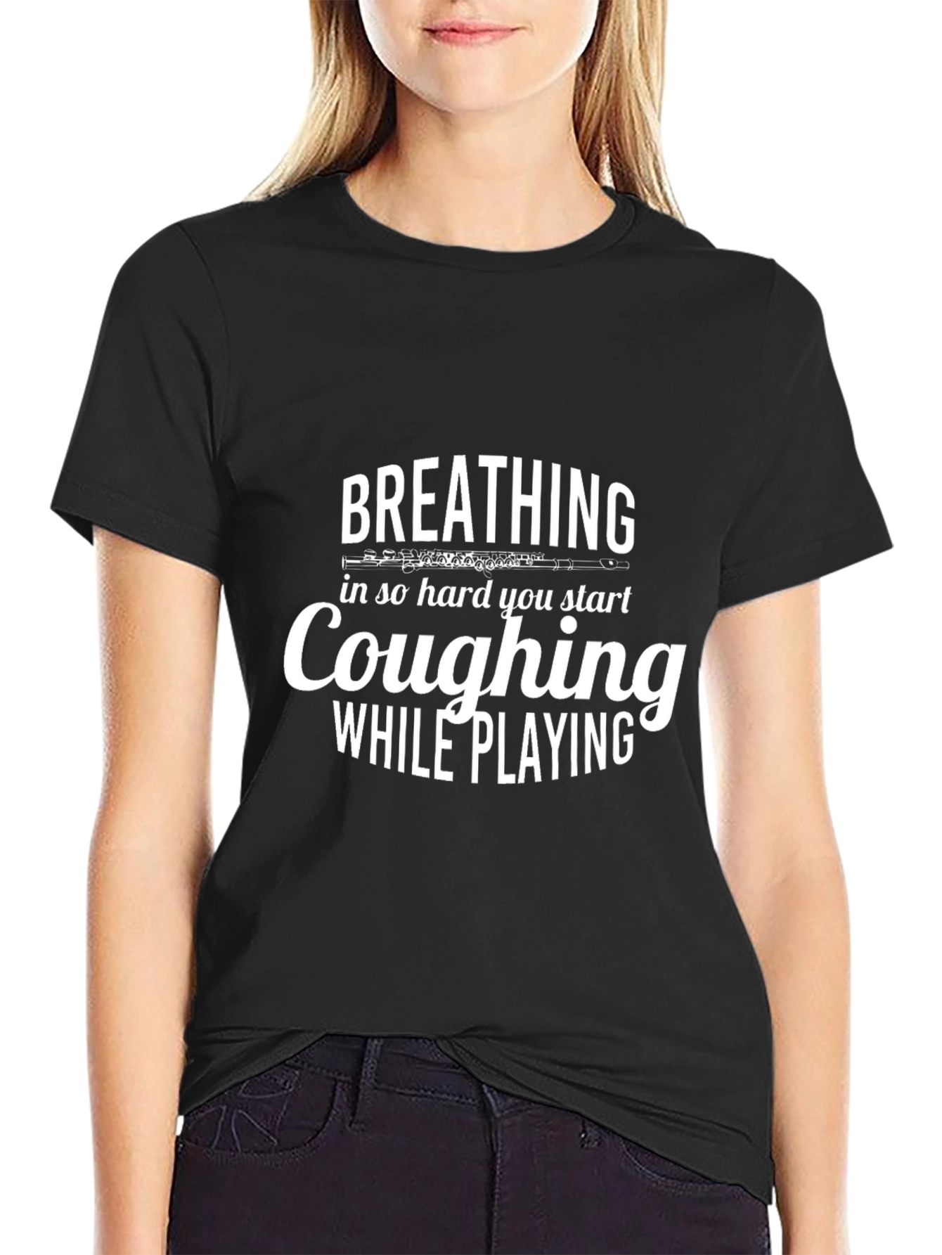 Black Breathing Coughing Flute Player Black T-Shirt view 2