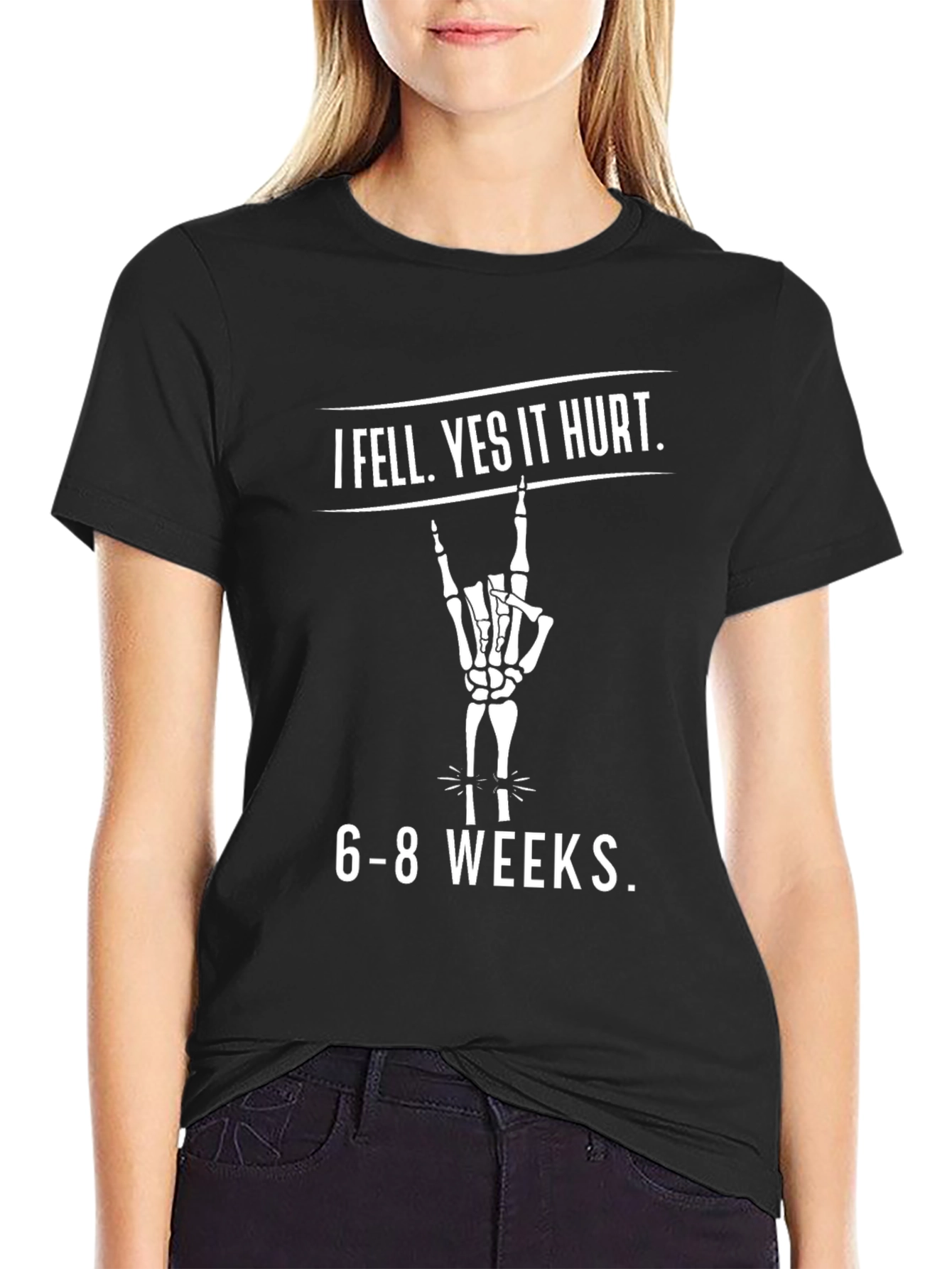 Black I Fell Yes It Hurt Skeleton Hand T-Shirt view 2