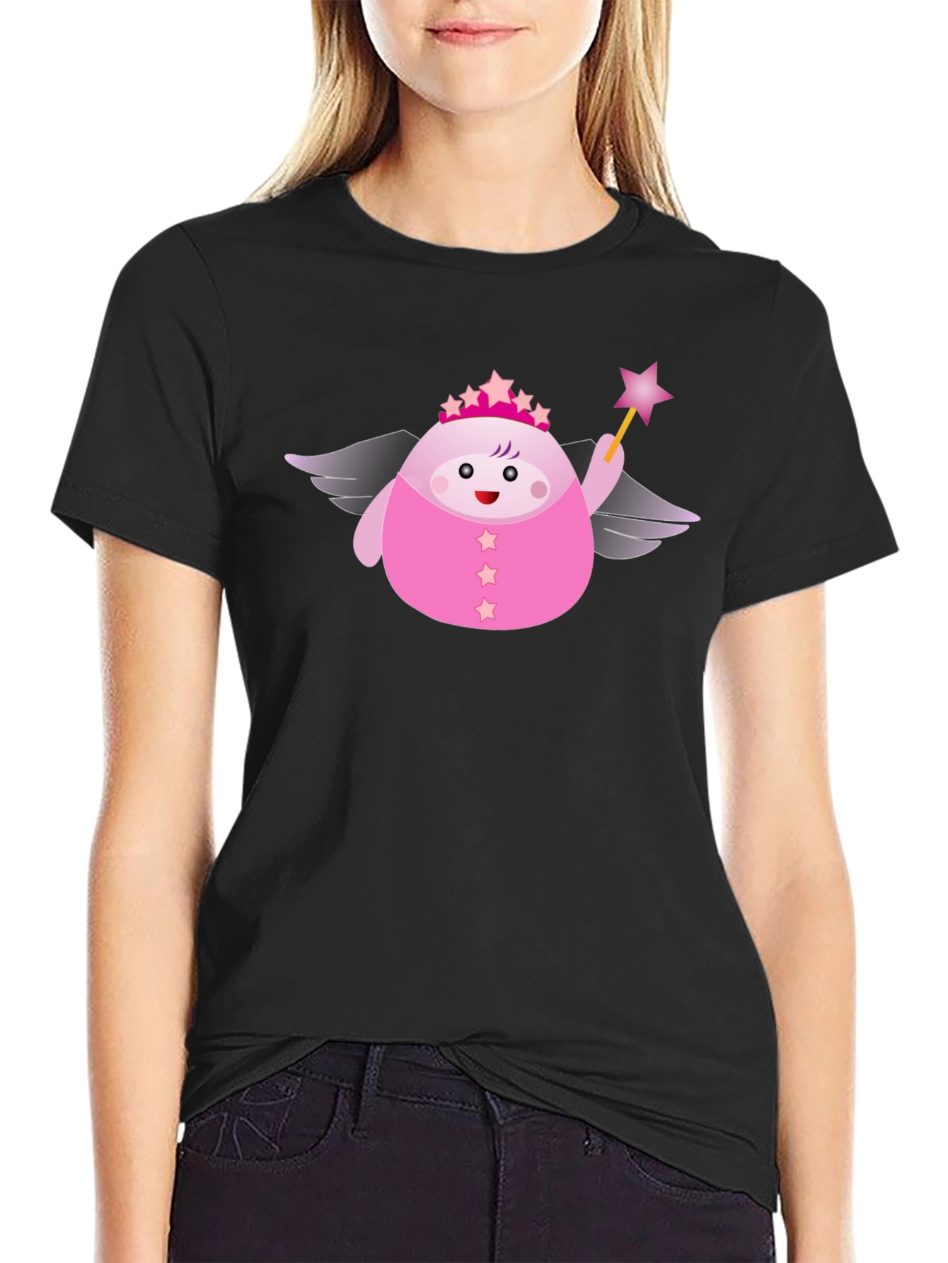 Black Cute Pink Fairy Cartoon Graphic T-Shirt view 2