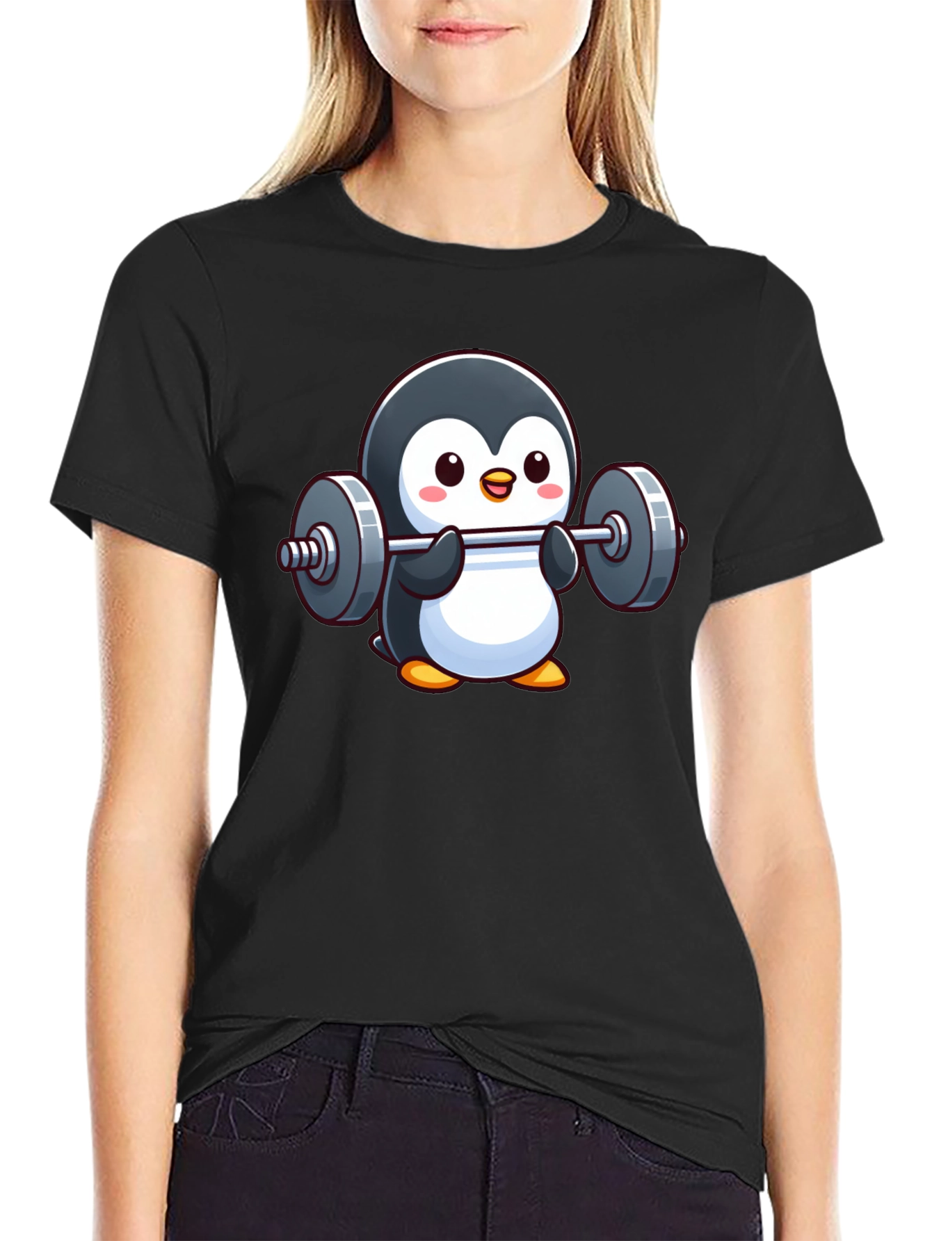 Black Penguin Powerlifter T-Shirt: Cute Workout Tee view 2