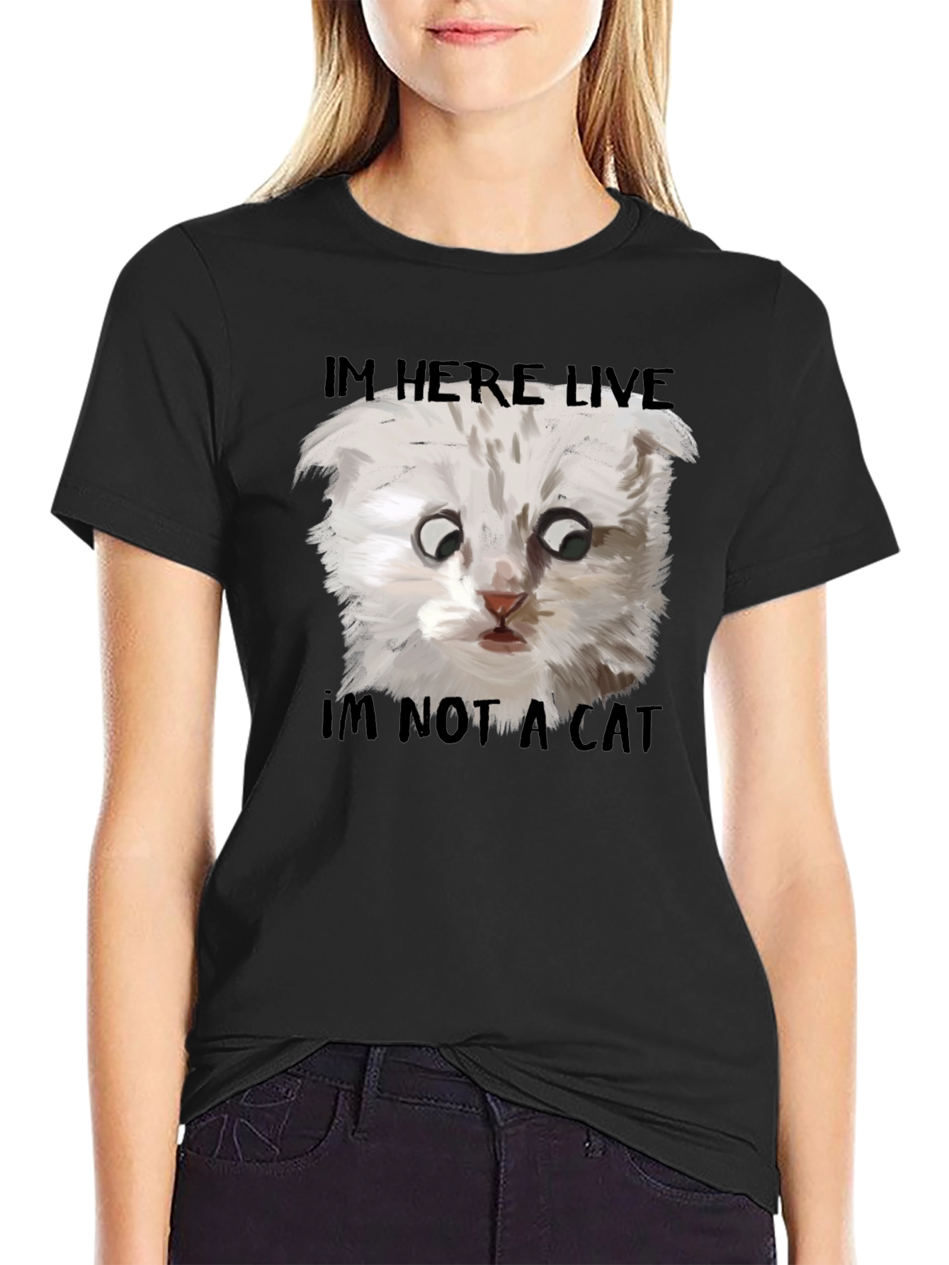 Black I'm Here Live, I'm Not A Cat T-Shirt view 2