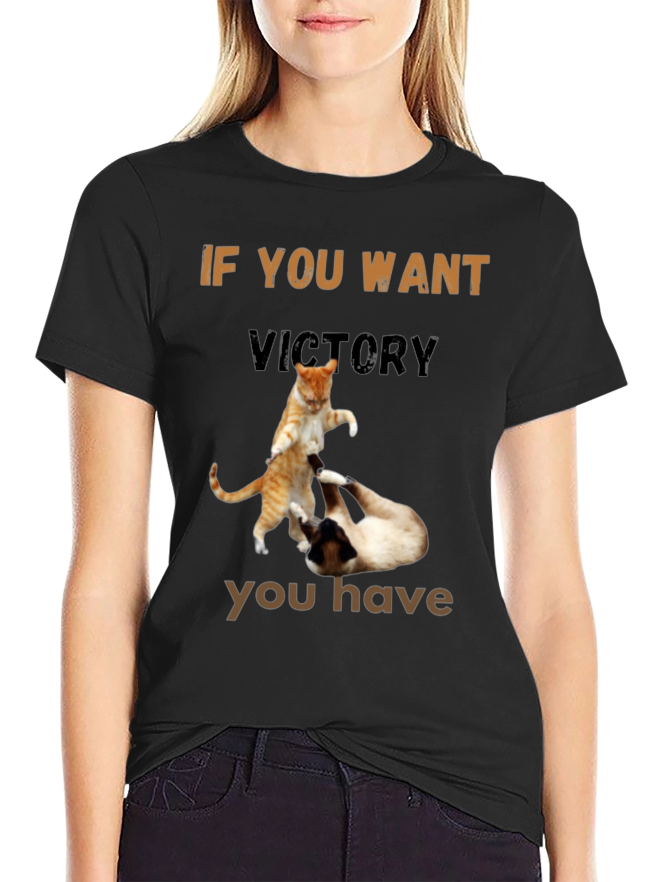 Black Fighting Cats T-Shirt - If You Want Victory view 2