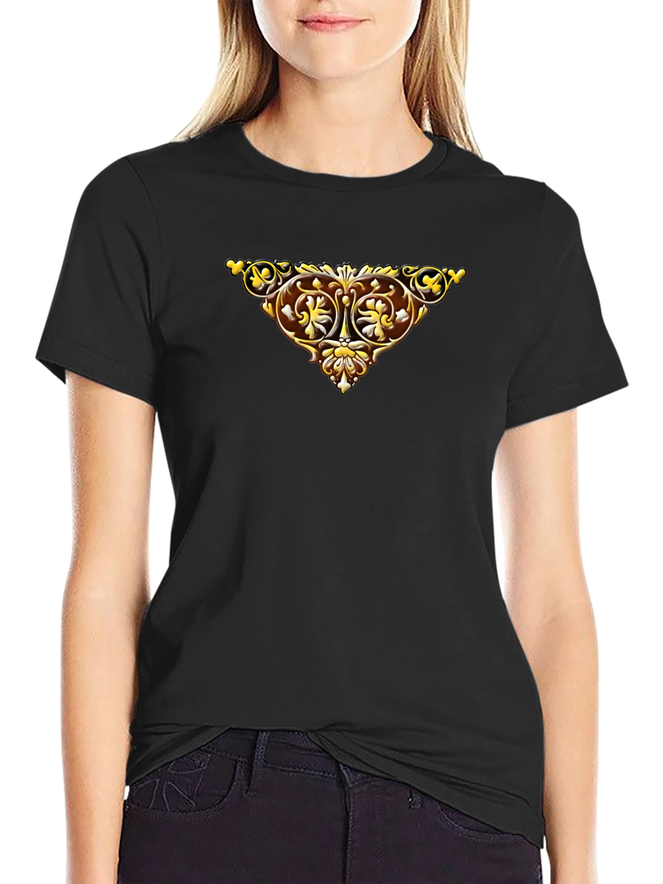 Black Ornate Golden Emblem Black T-Shirt view 2