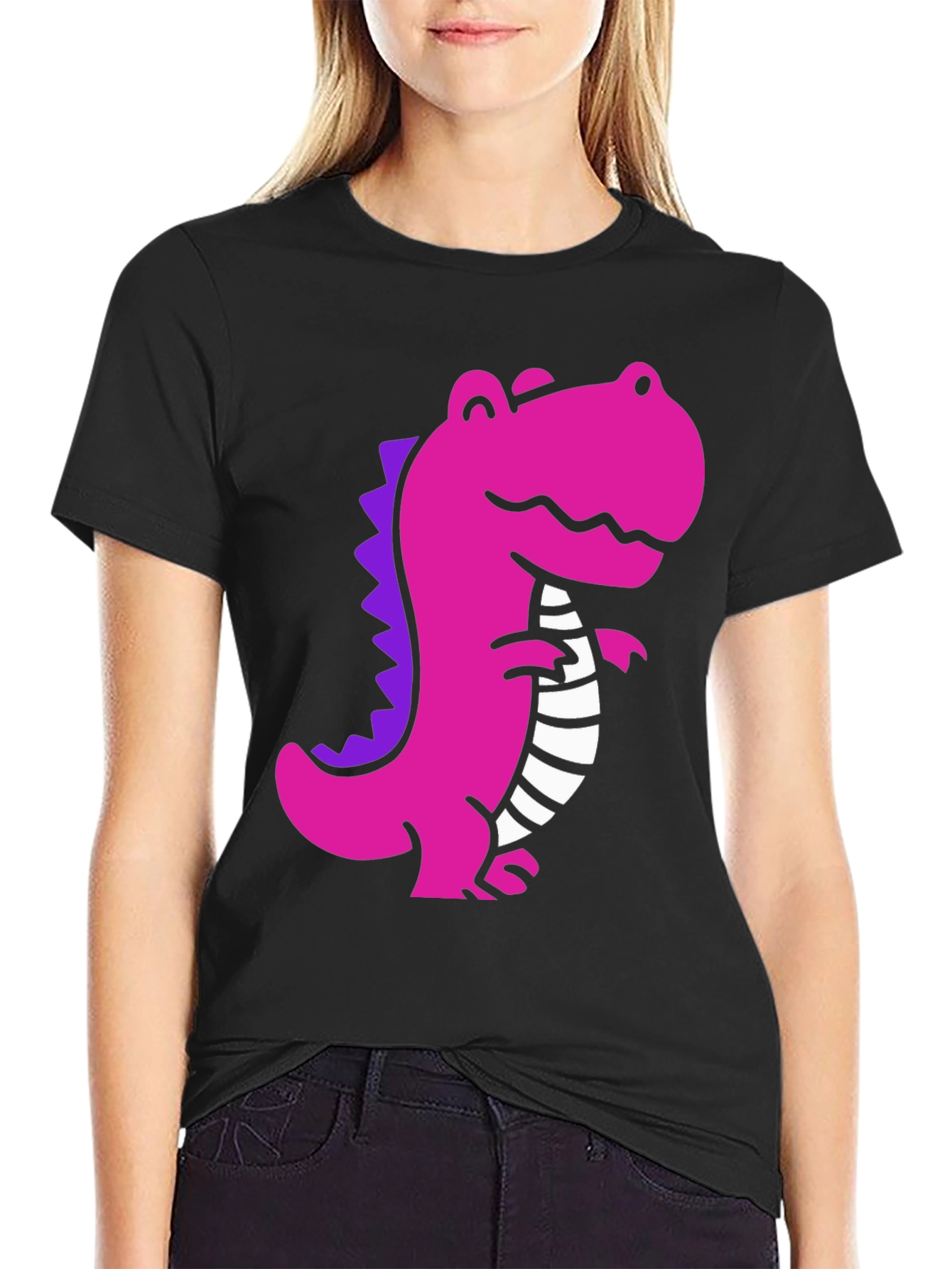 Black Pink Dino Graphic Tee - Casual Black T-Shirt view 2