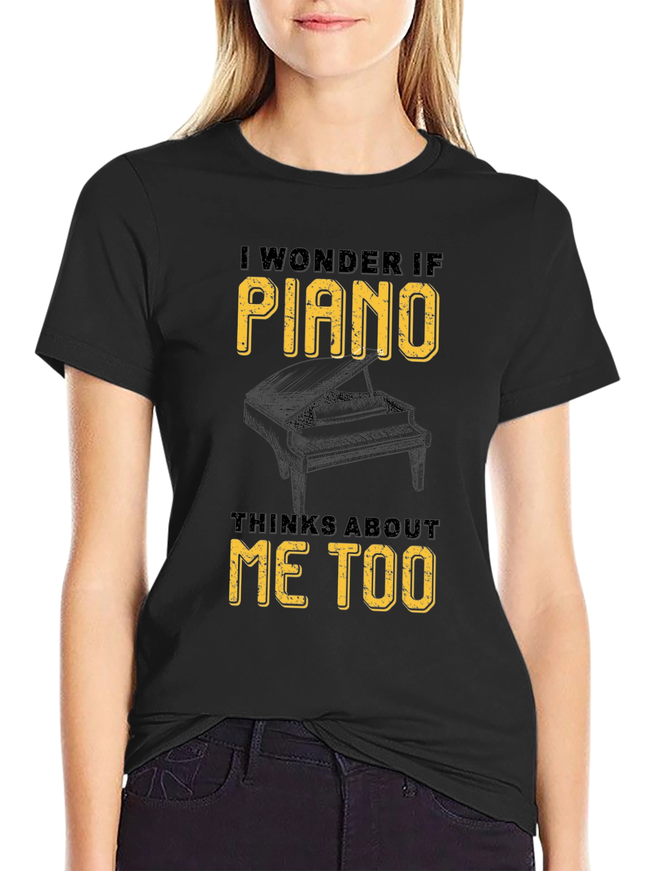 Black Piano Lover Graphic Tee - I Wonder If Piano Thinks About Me Too view 2