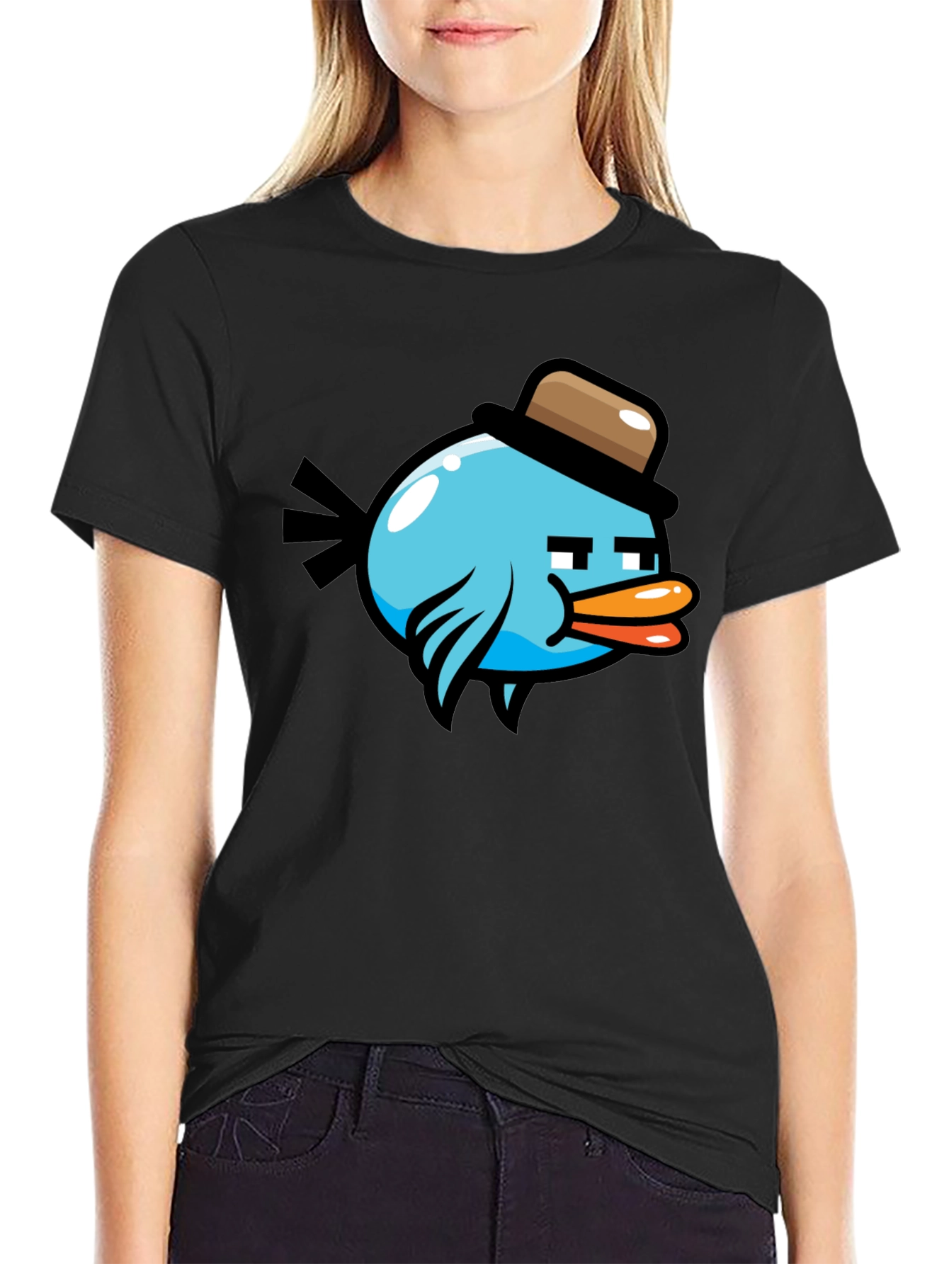 Black Cartoon Bird in Hat Graphic Tee - Black view 2