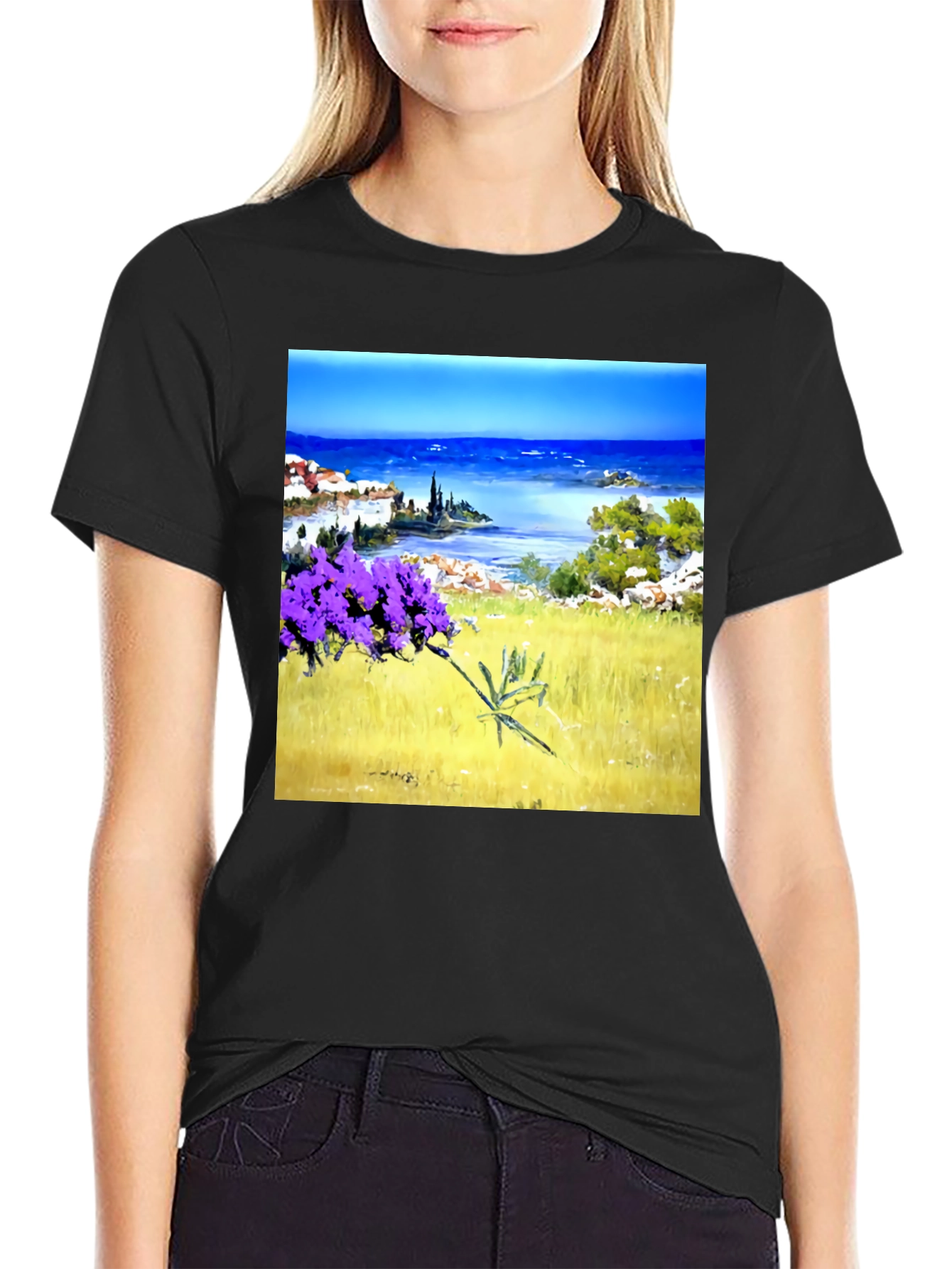 Black Coastal Lavender Art Print Black T-Shirt view 2