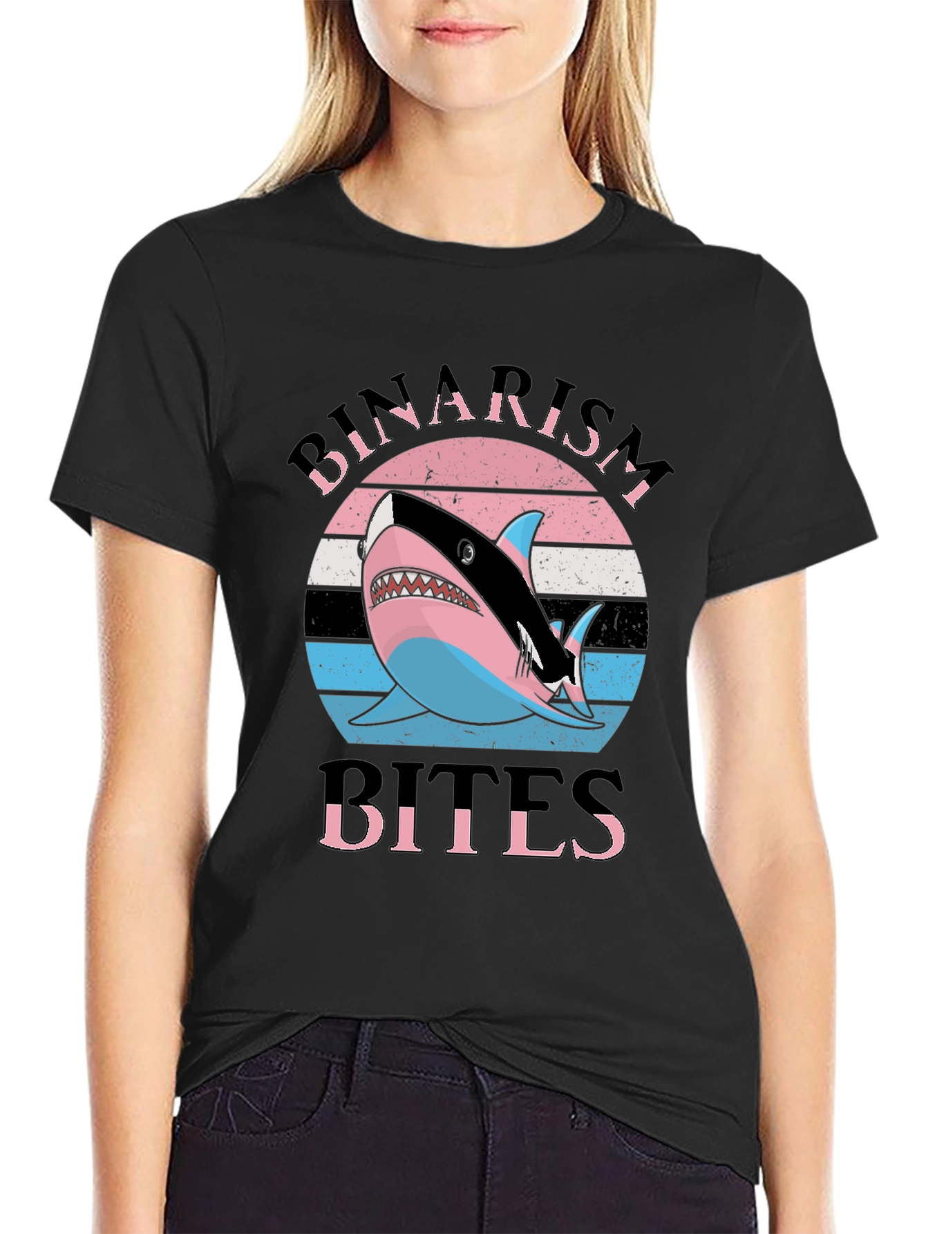 Black Binairism Bites Shark Graphic Tee view 2