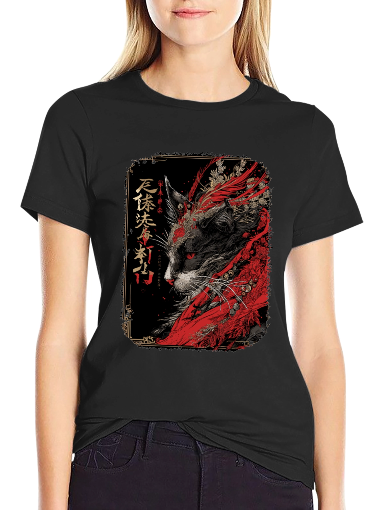 Black Japanese Cat Art T-Shirt view 2