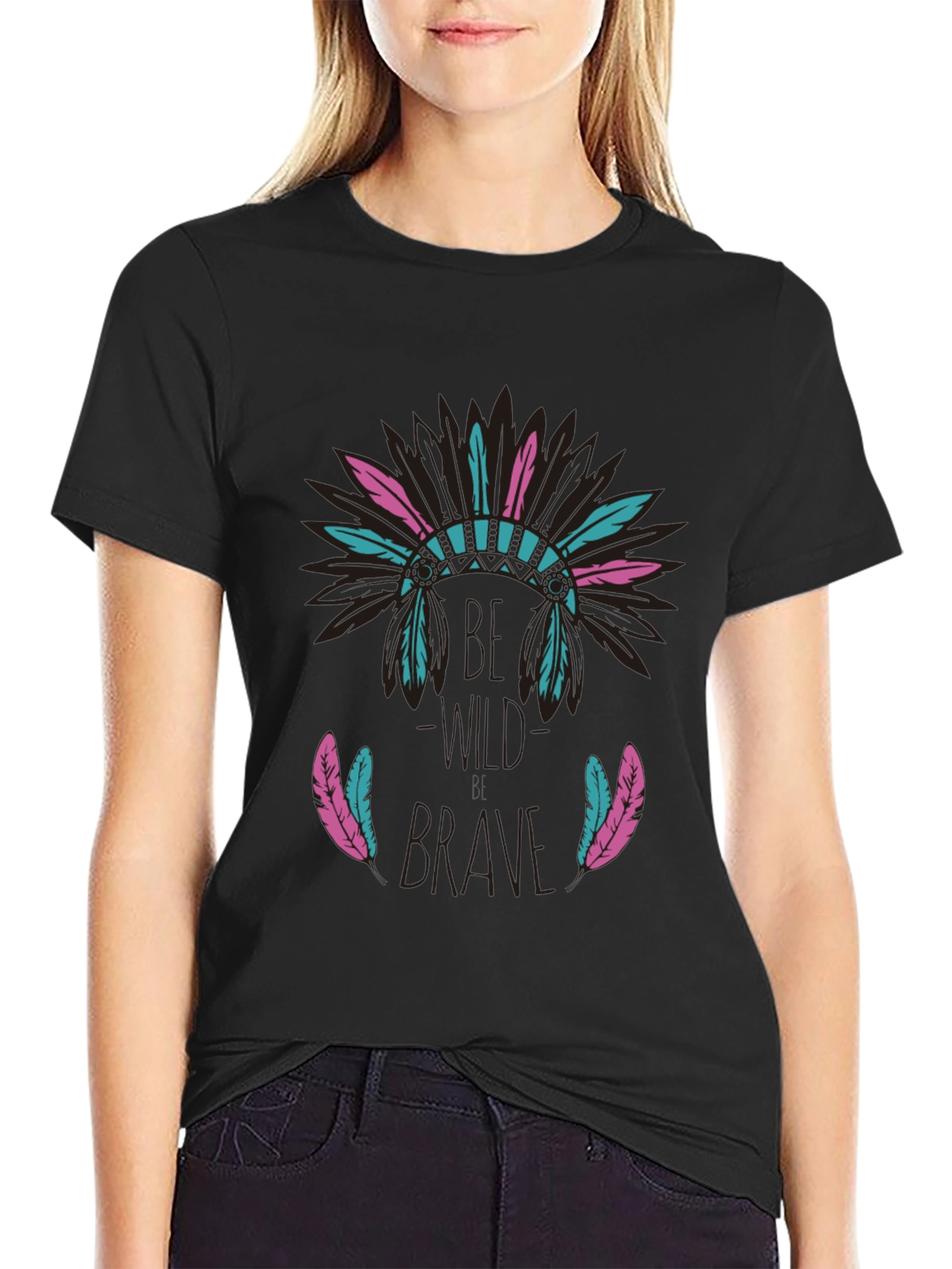 Black Be Brave Feather Headdress Graphic T-Shirt view 2