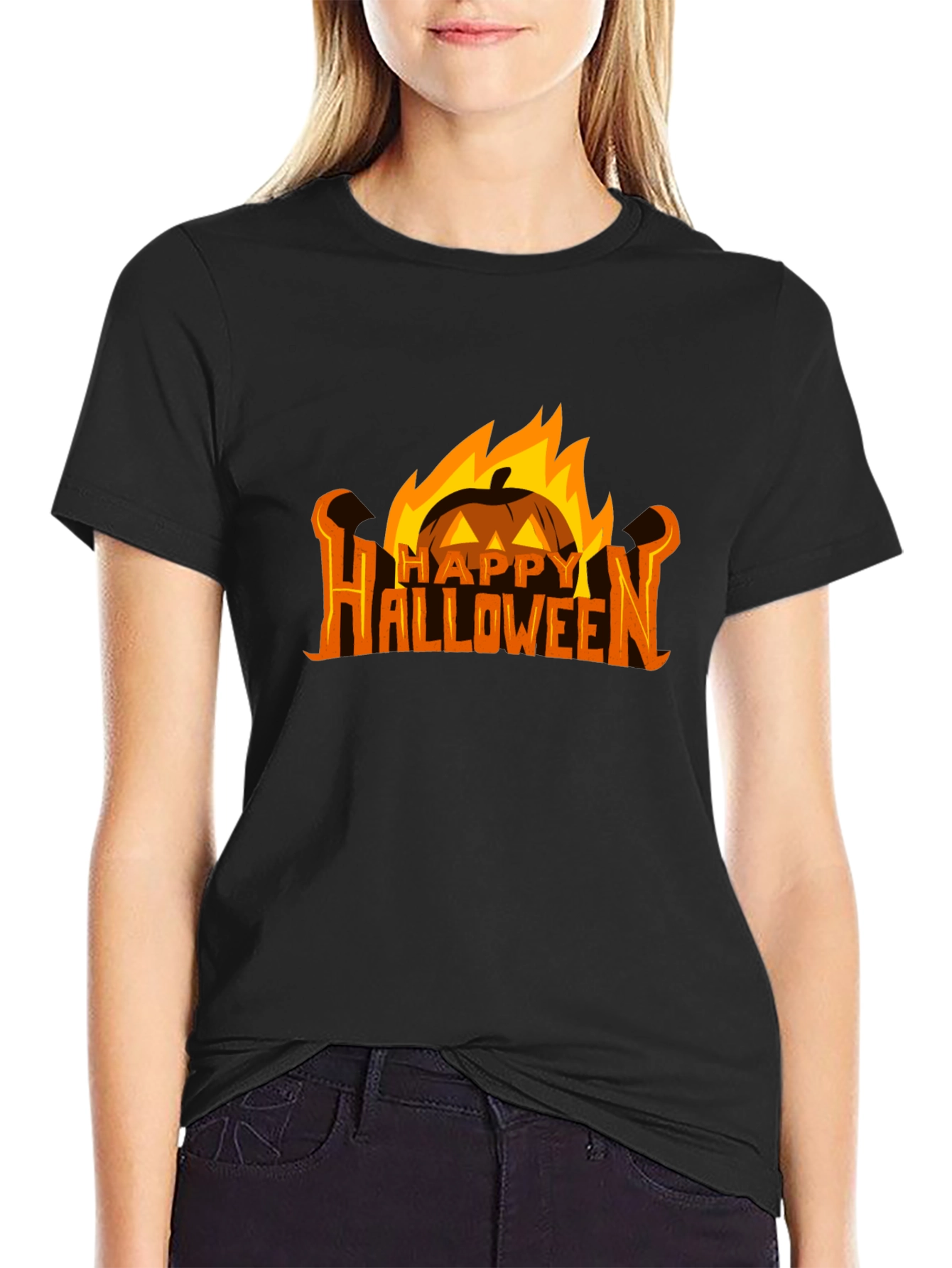 Black Halloween Pumpkin Fire Graphic Tee view 2
