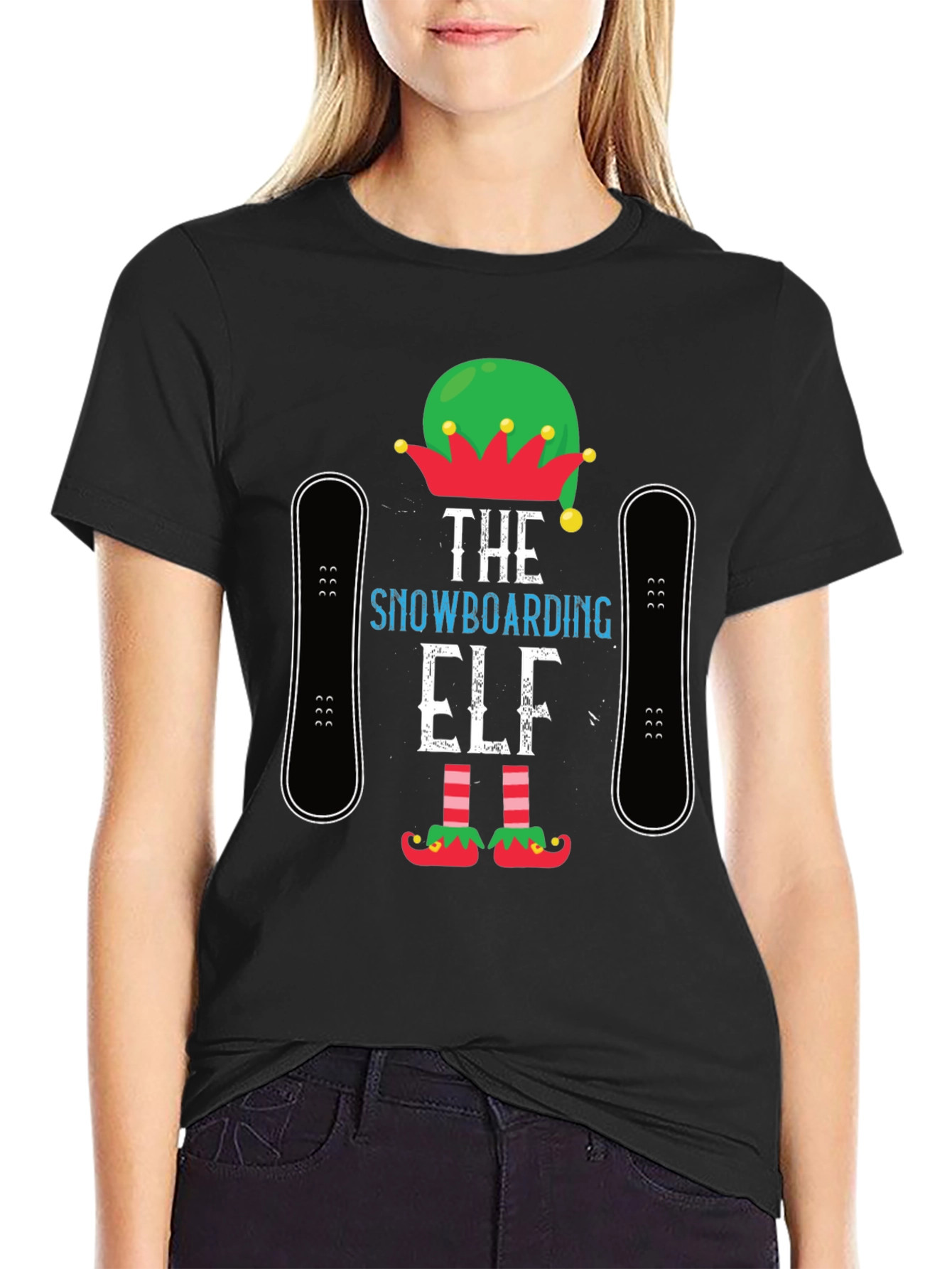 Black Snowboarding Elf T-Shirt: Holiday Fun! view 2