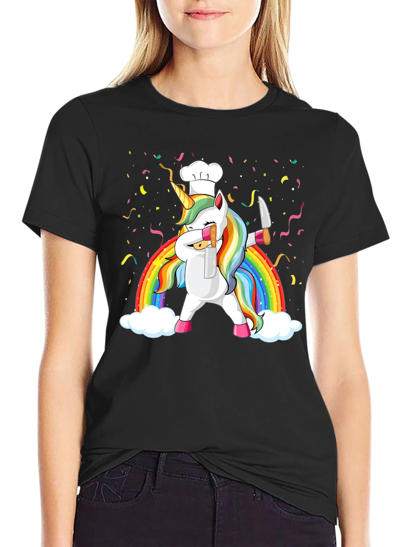 Black Unicorn Chef Rainbow T-Shirt Funny Foodie Tee view 2
