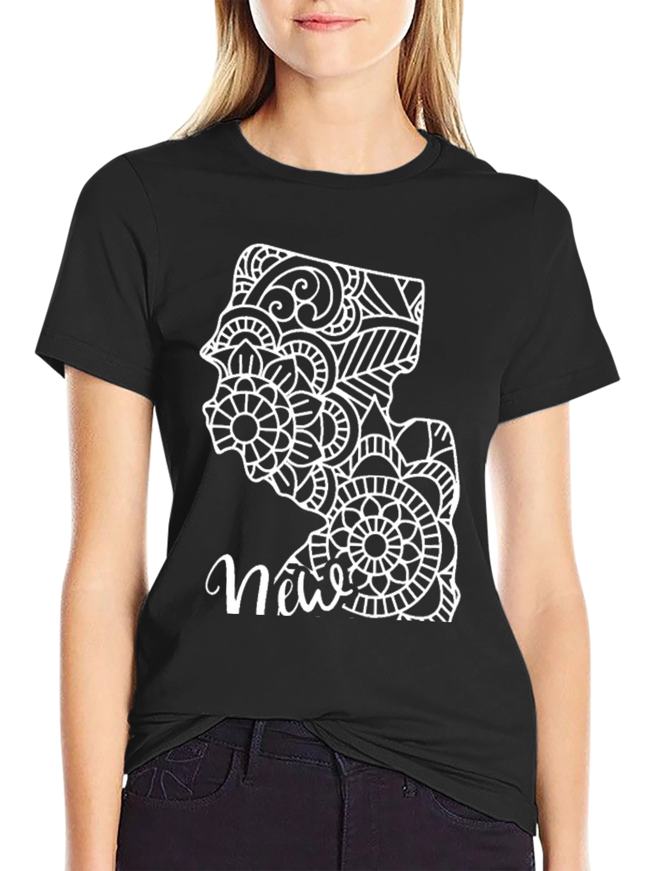 Black New Jersey Mandala Art Graphic Tee - Black Cotton view 2