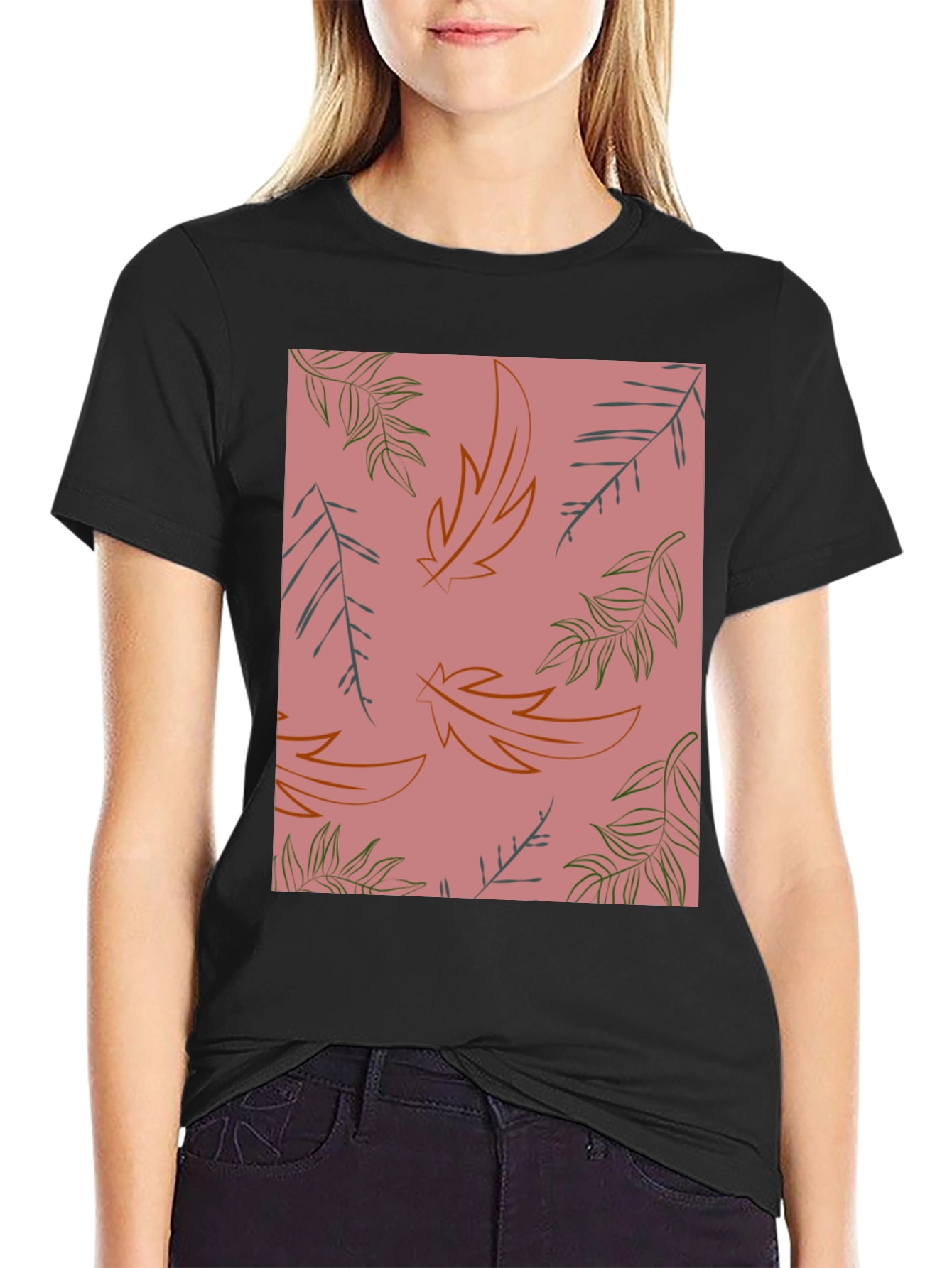 Black Botanical Leaf Print T-Shirt - Trendy Casual Wear view 2