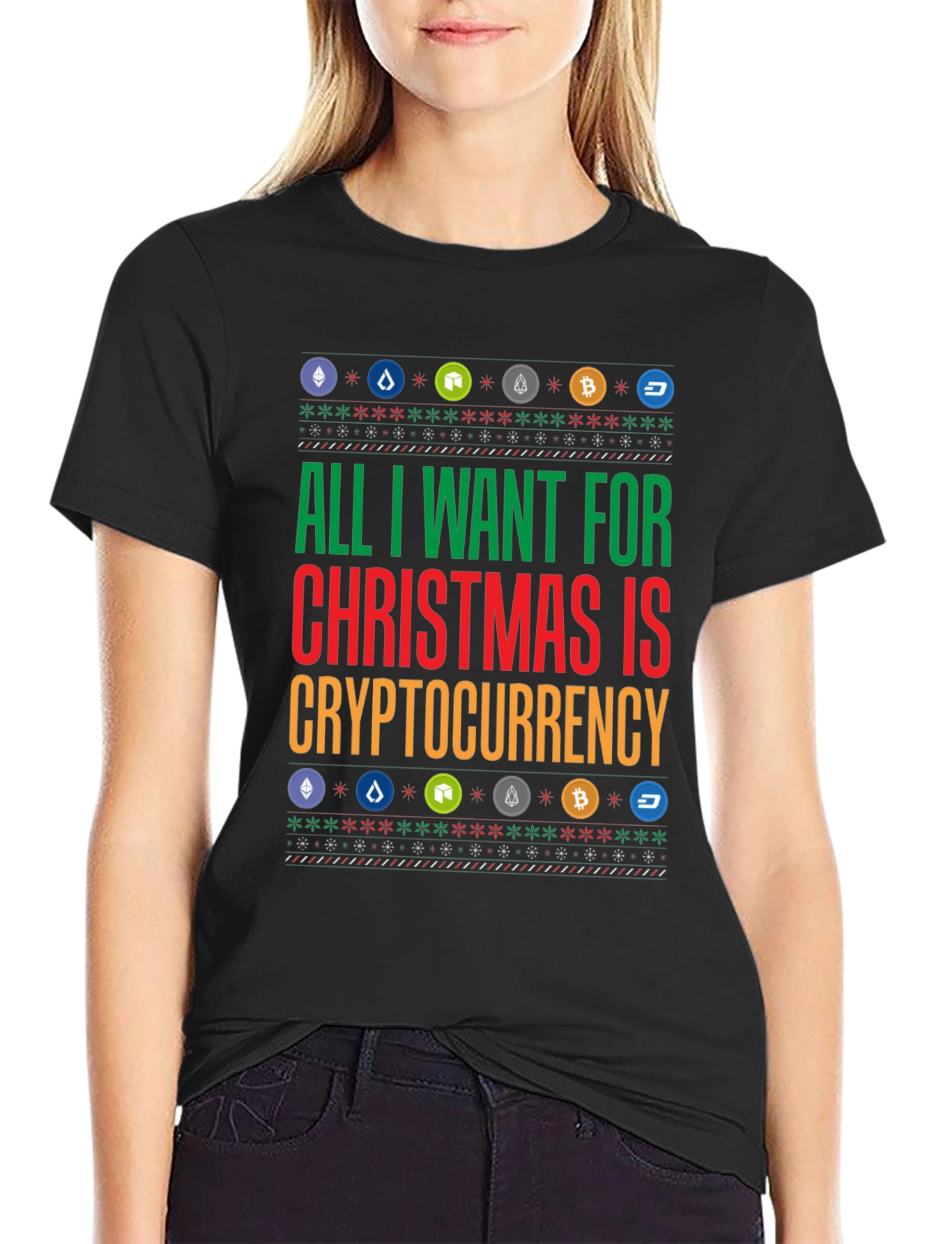 Black Crypto Christmas T-Shirt - All I Want is Cryptocurrency Holiday Tee view 2