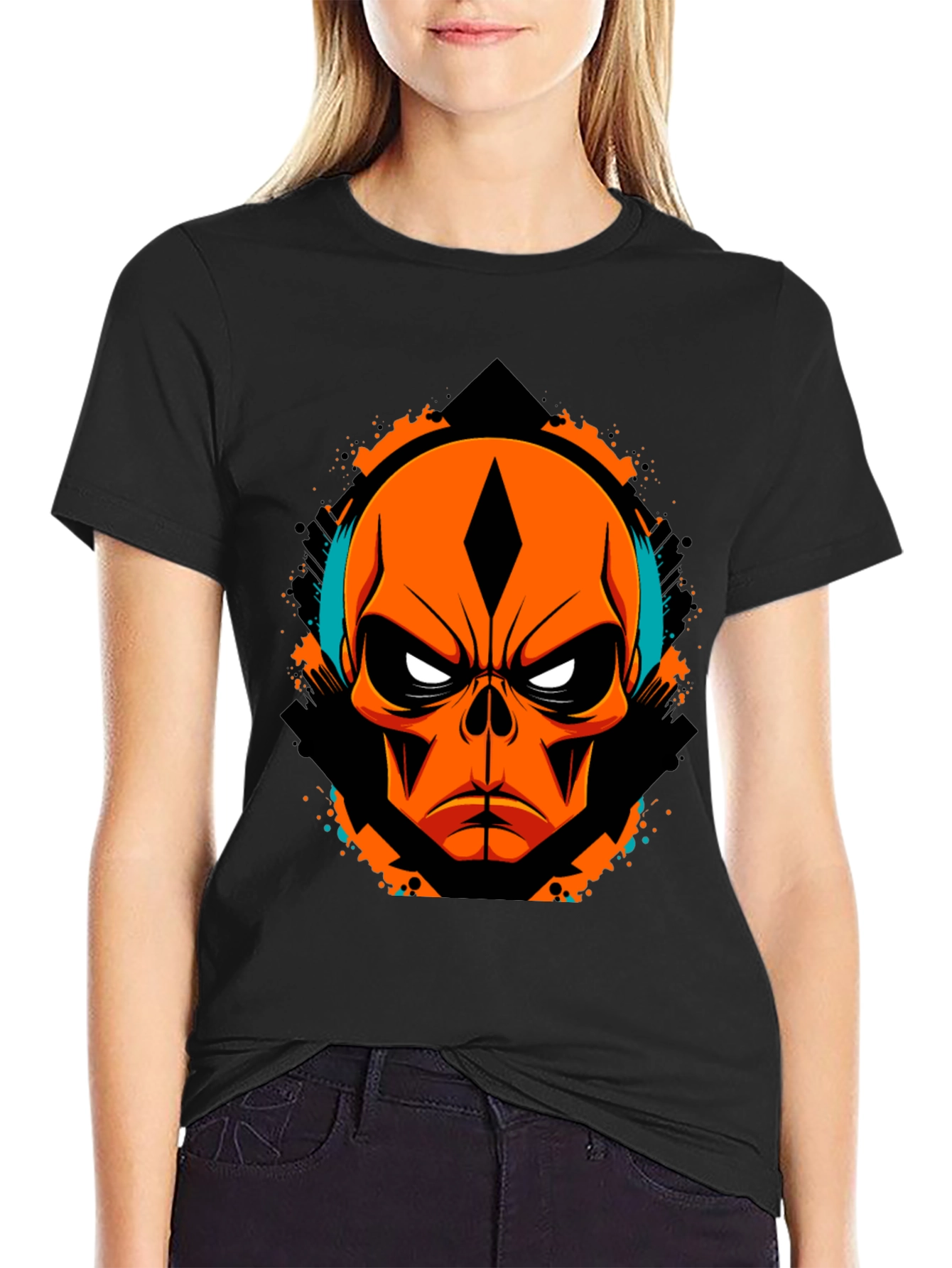 Black Orange Skull Graphic Tee - Edgy Streetwear view 2