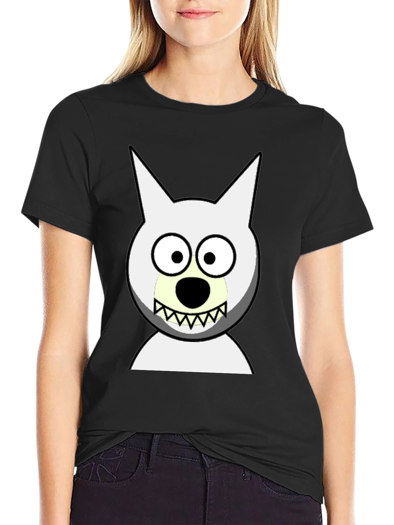 Black Funny Cartoon Wolf Graphic Black T-Shirt view 2