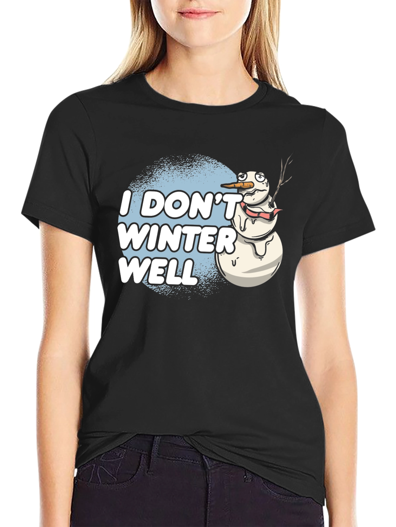 Black Funny "I Don't Winter Well" Melting Snowman T-Shirt view 2