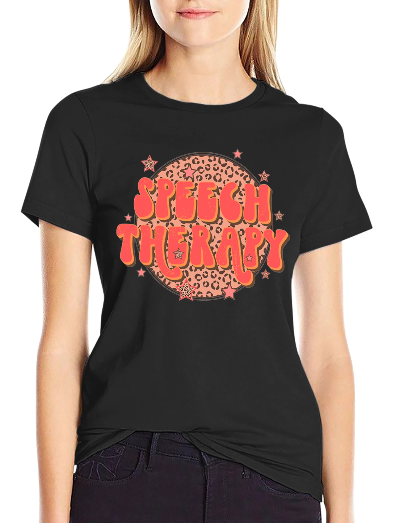 Black Speech Therapy Leopard Print Star T-Shirt view 2