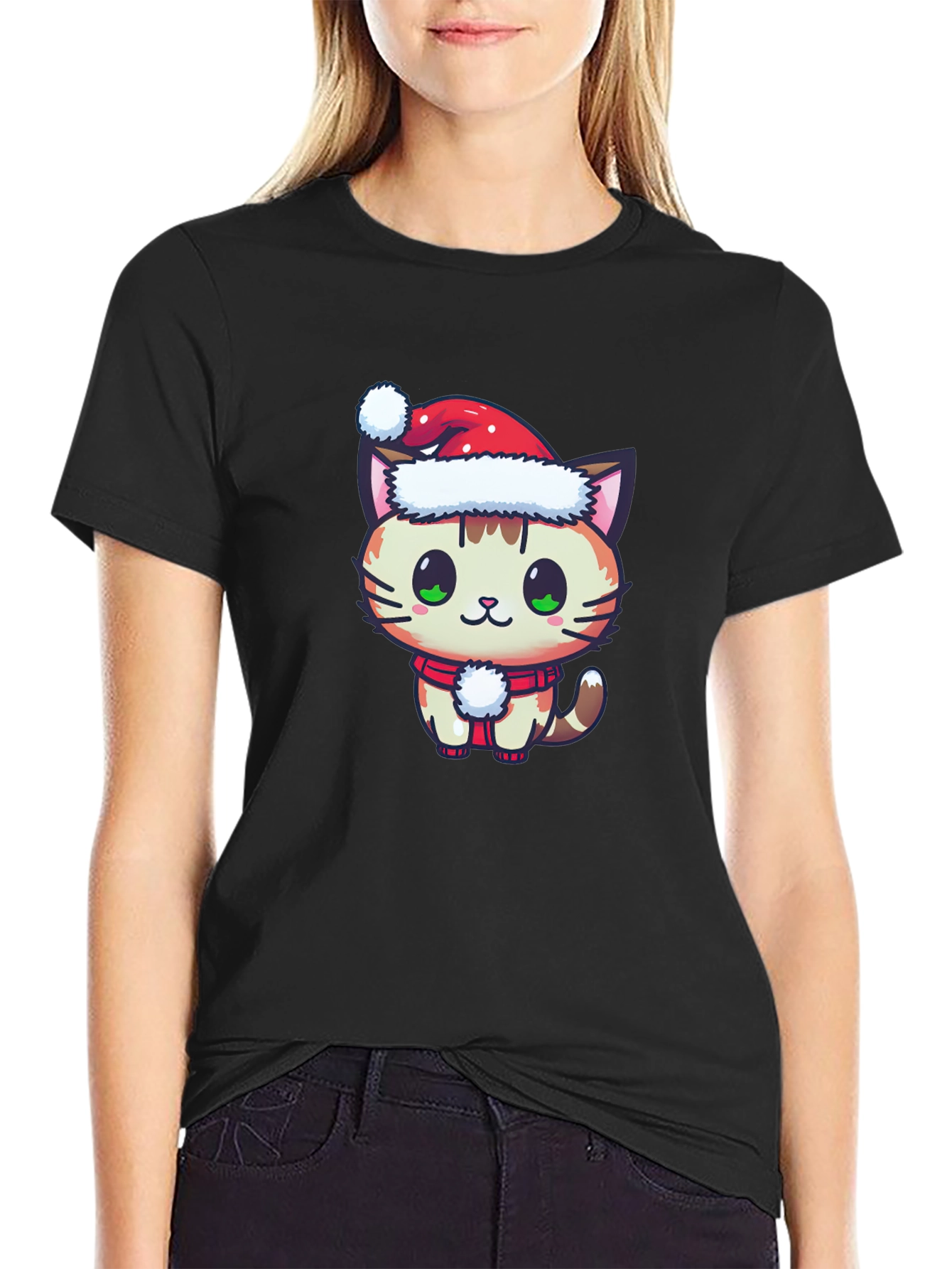 Black Festive Cat T-Shirt - Holiday Cheer view 2