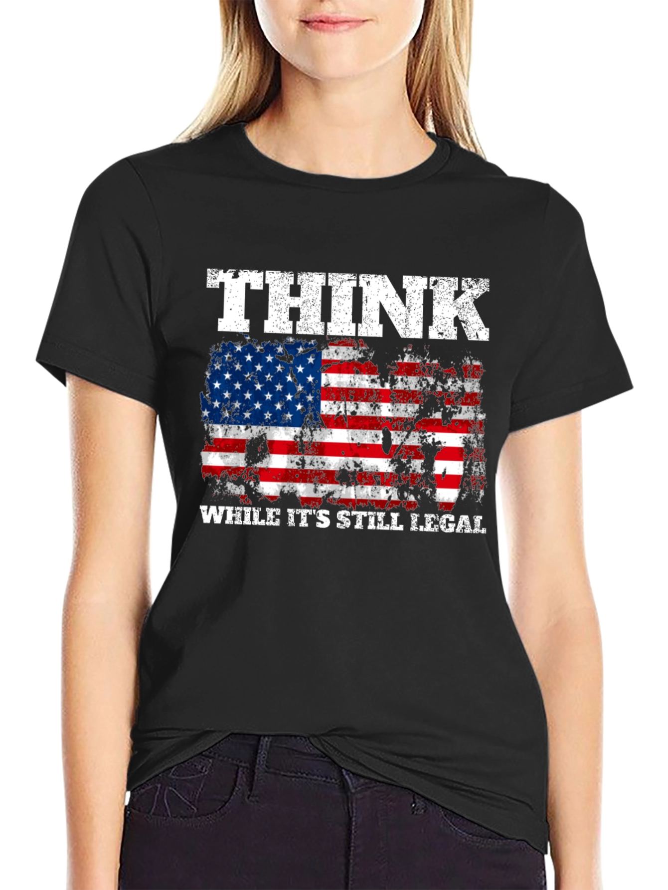 Black Think While It's Still Legal American Flag T-Shirt view 2
