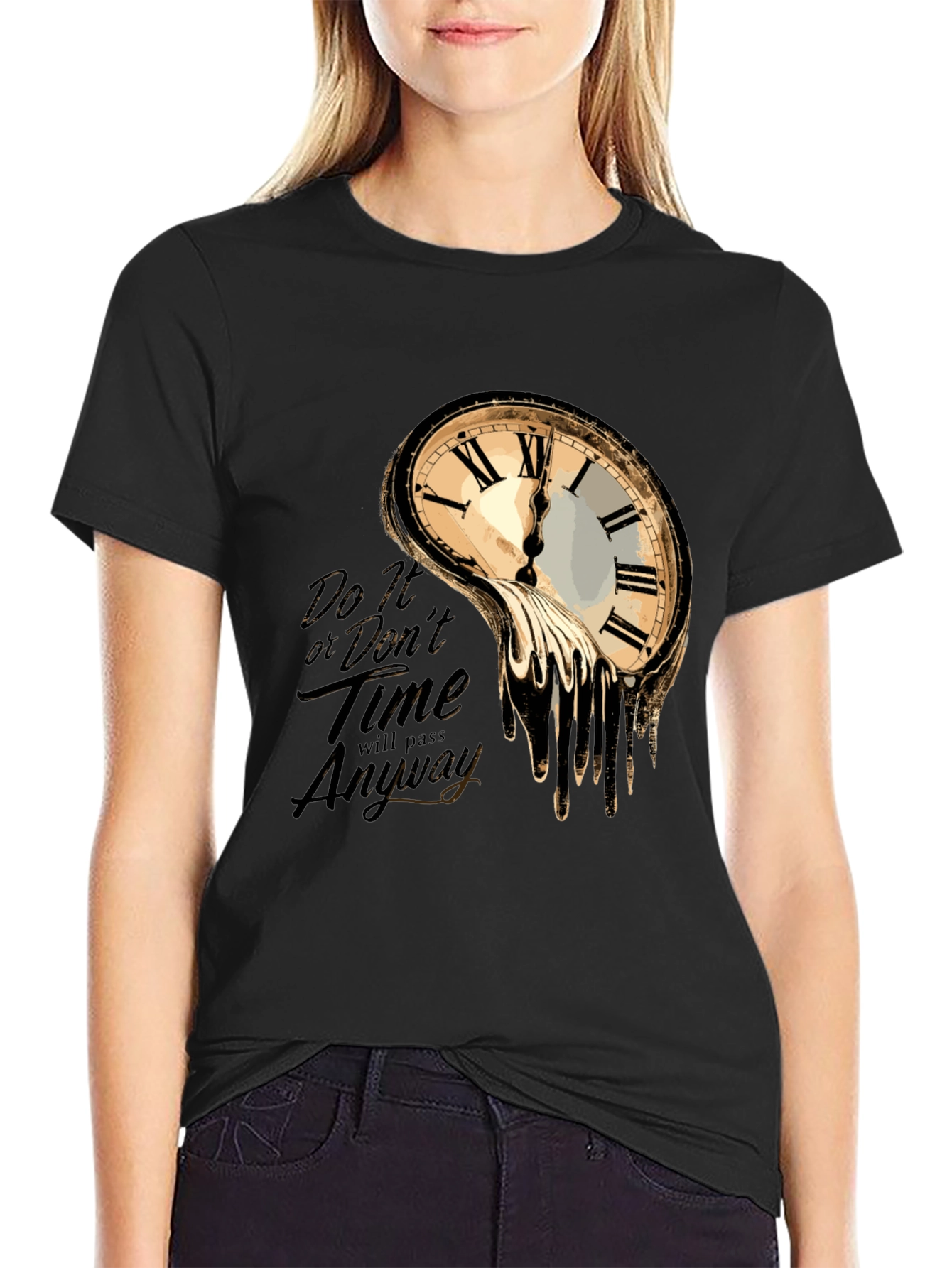 Black Melting Clock Graphic T-Shirt - Time Waits for No One view 2