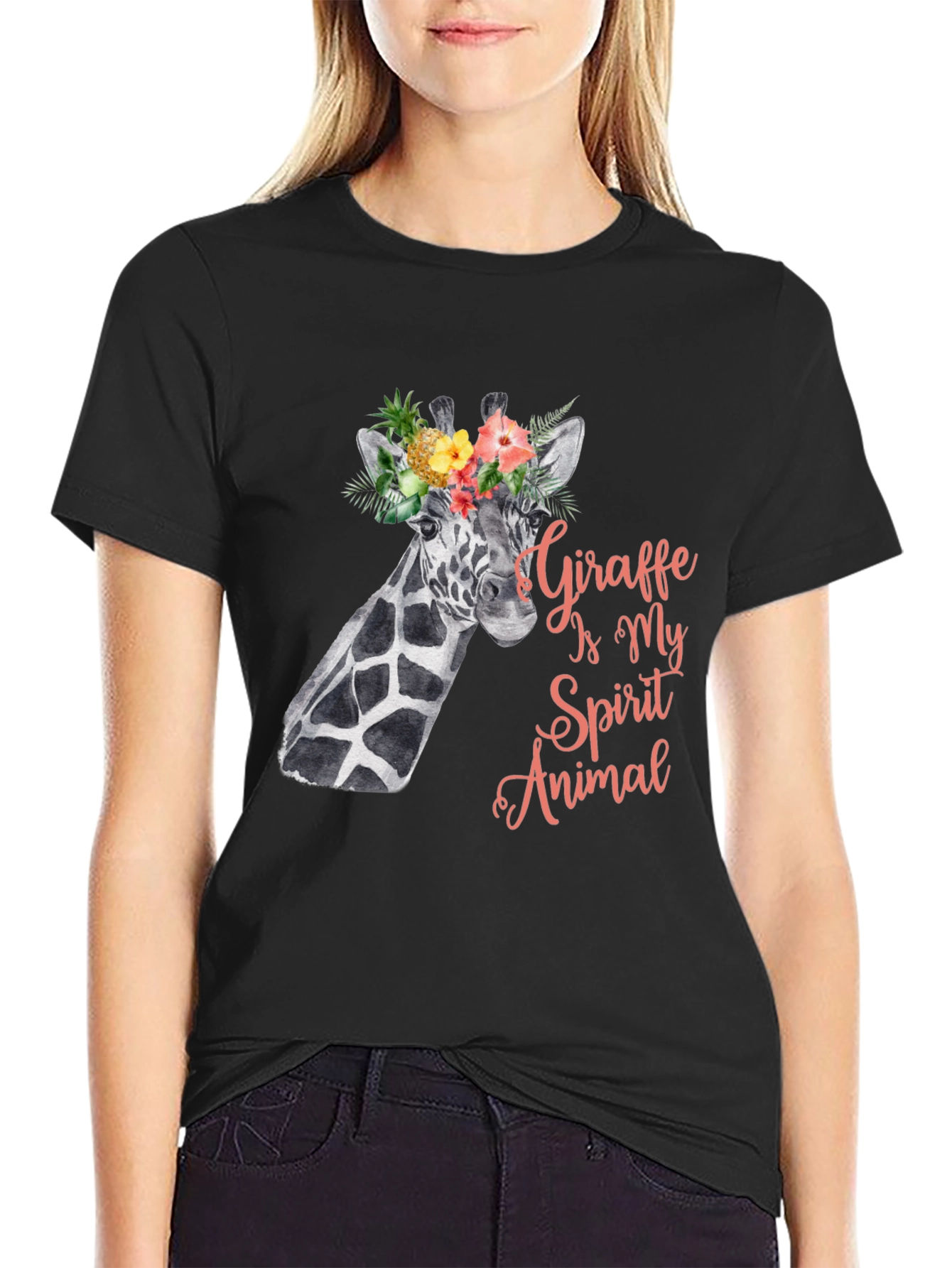 Black Giraffe Spirit Animal Tee - Floral Crown Giraffe Shirt view 2