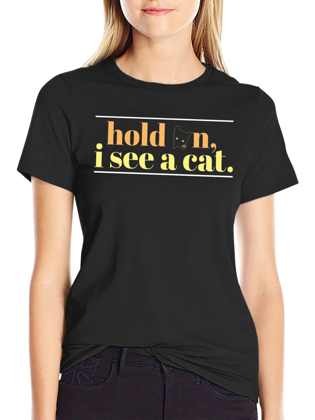 Black Hold On, I See A Cat Black T-Shirt view 2