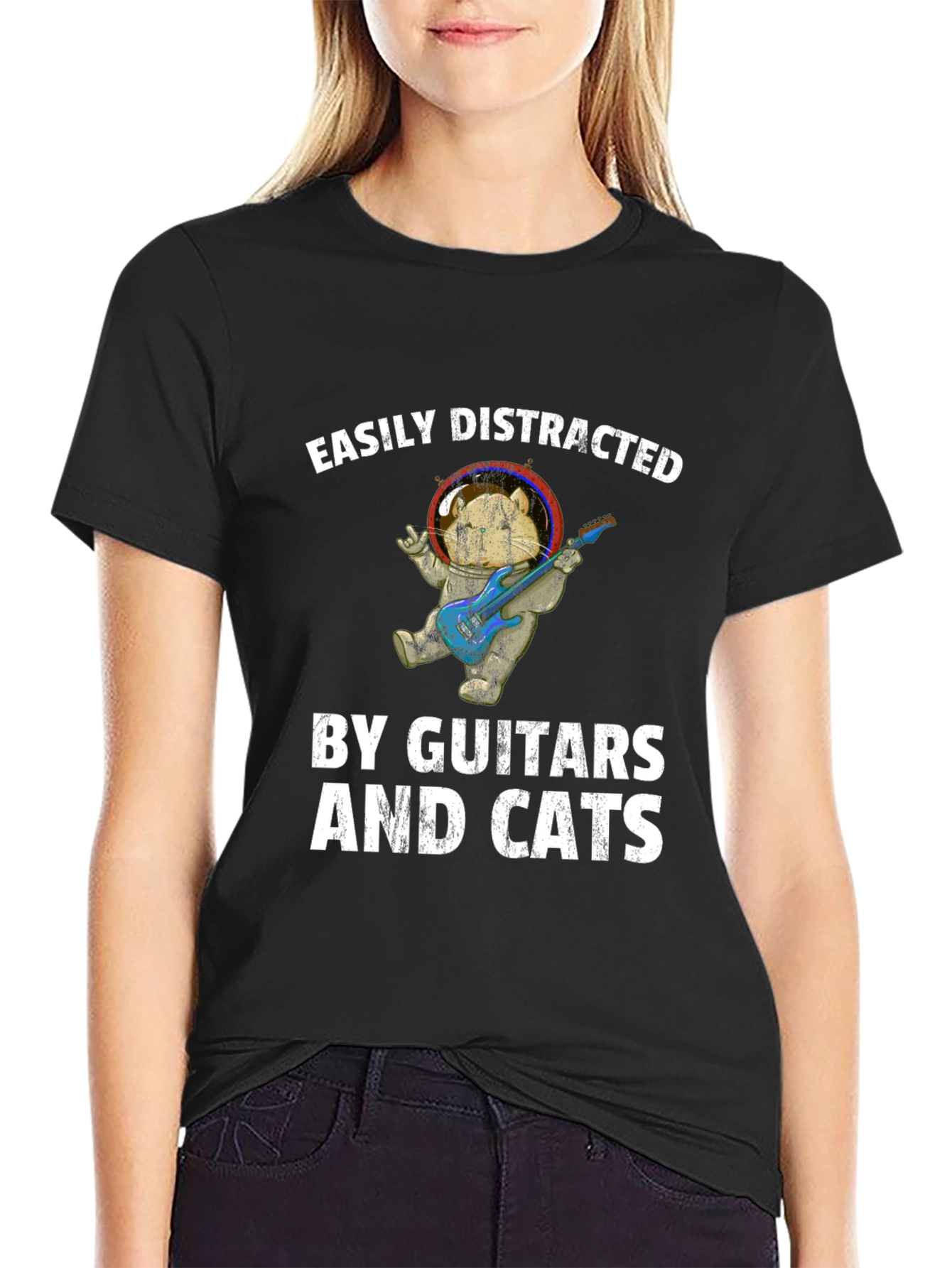 Black Easily Distracted By Guitars & Cats T-Shirt view 2