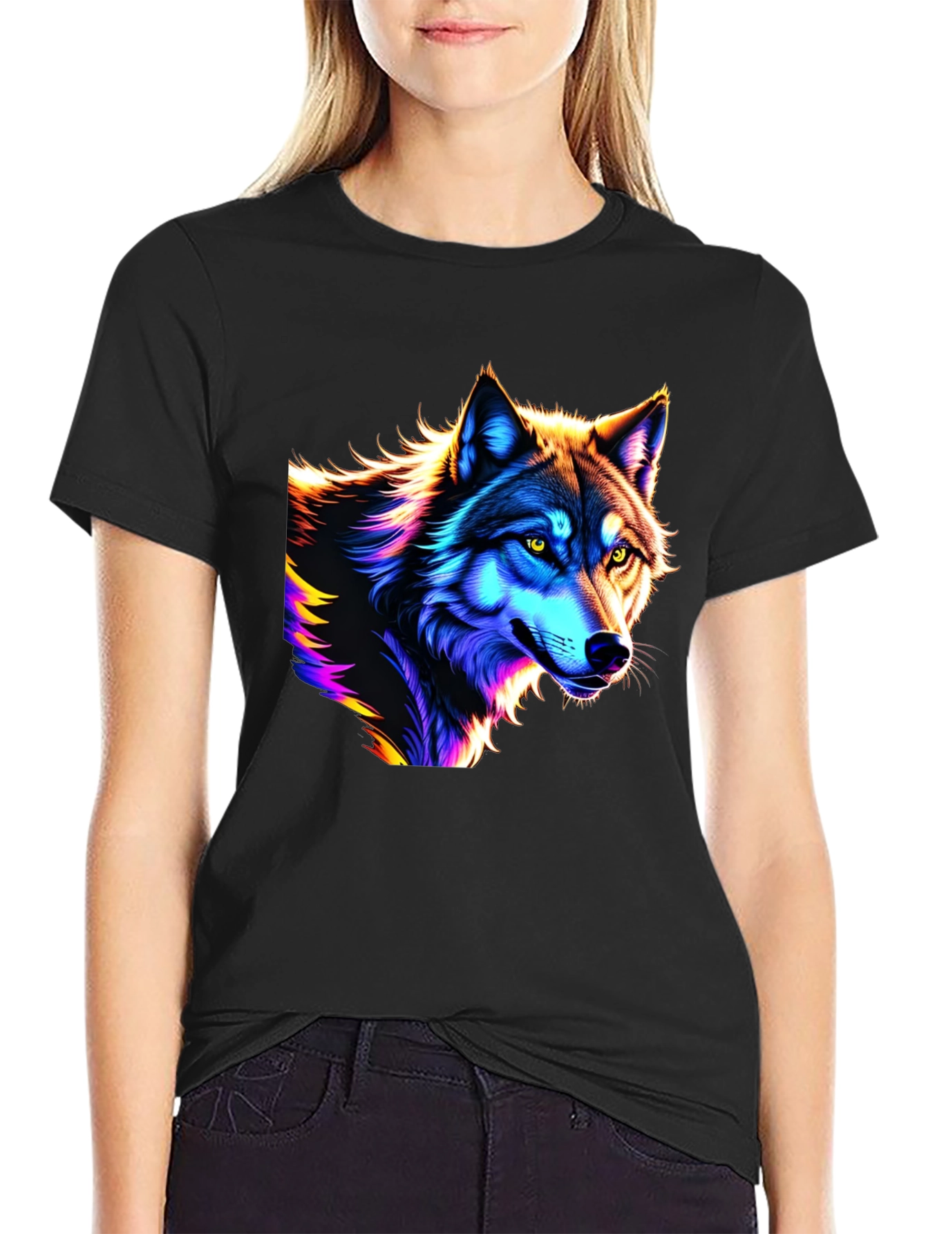 Black Neon Wolf Graphic T-Shirt view 2