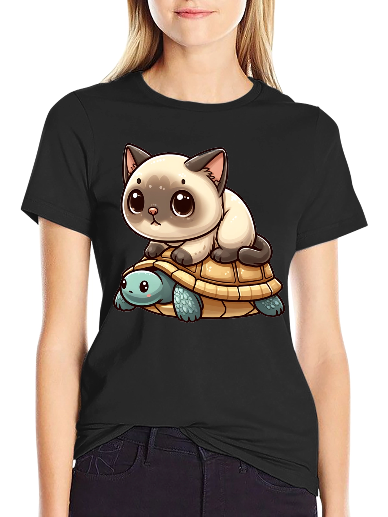 Black Cat Riding Turtle Black T-Shirt view 2