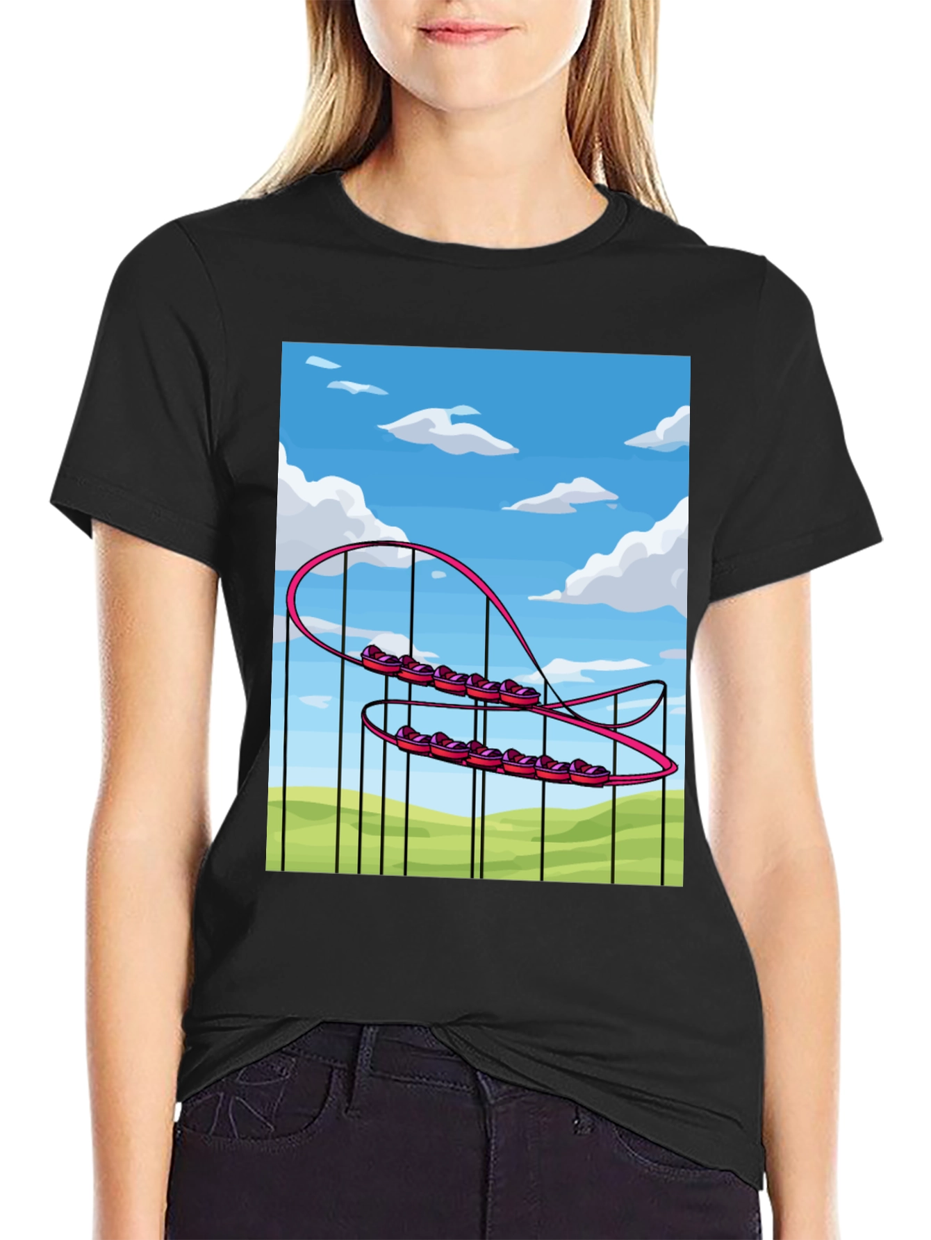 Black Cartoon Roller Coaster Graphic Tee - Fun & Unique Style view 2