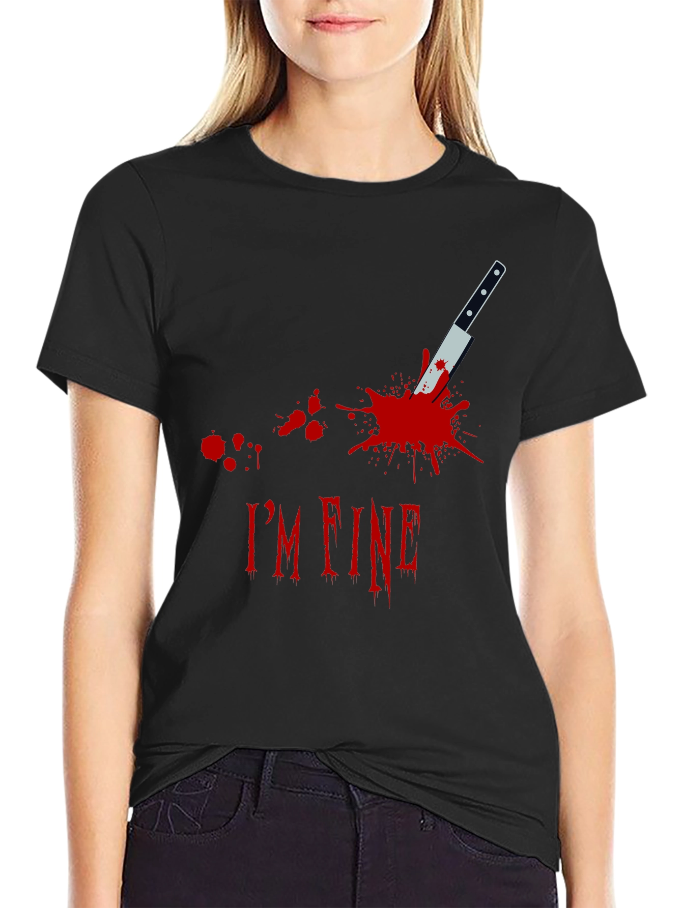 Black I'm Fine Knife Graphic Black T-Shirt view 2