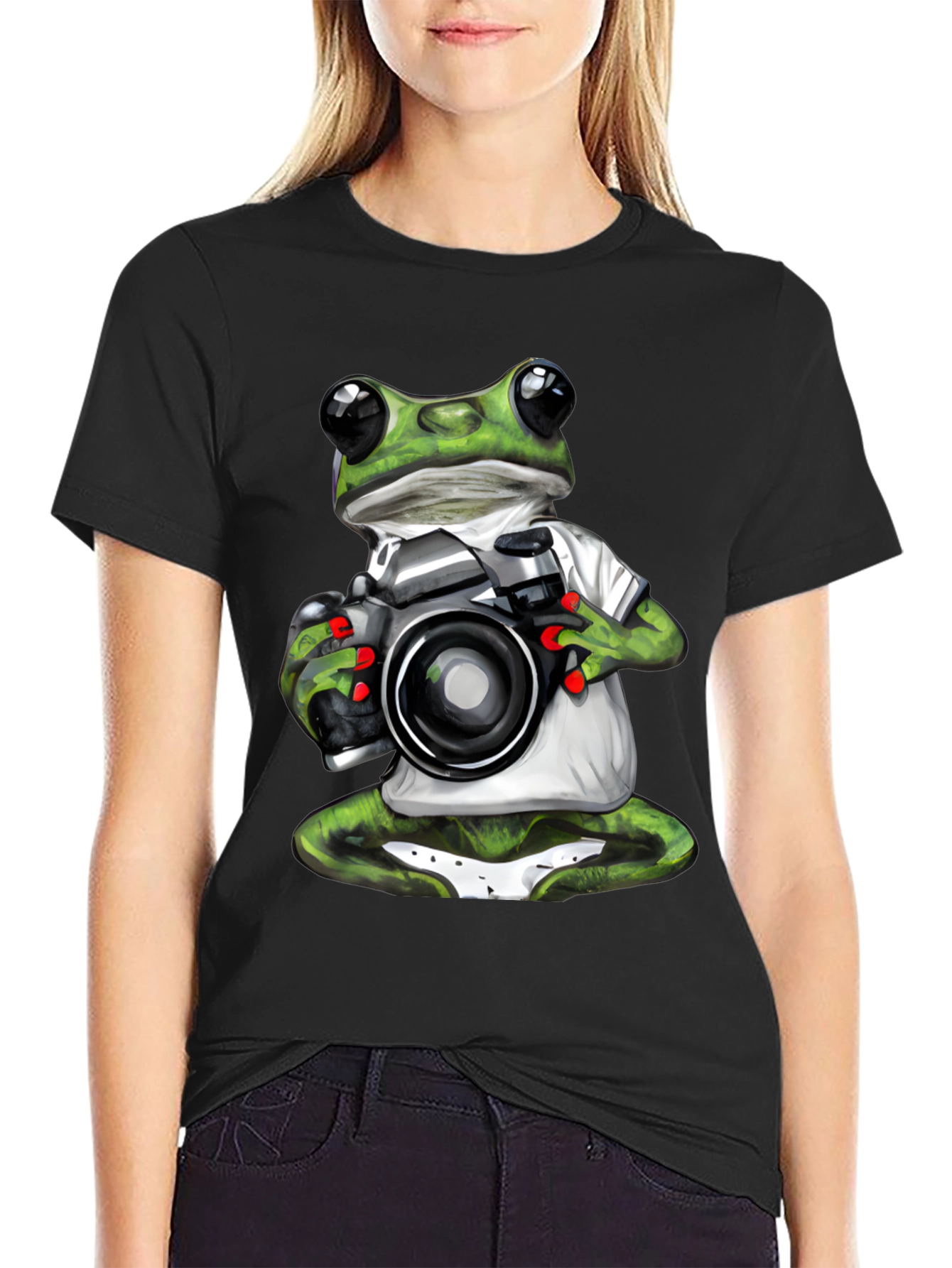 Black Frog Photographer Graphic T-Shirt - Unique Novelty Tee view 2