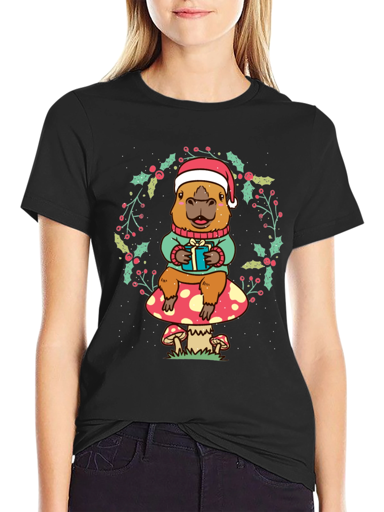 Black Festive Capybara Christmas T-Shirt view 2