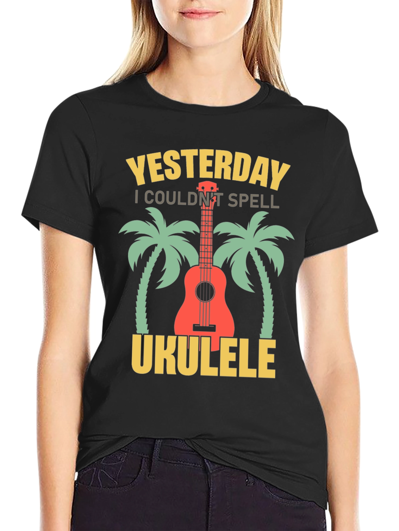 Black Yesterday I Couldn't Spell Ukulele T-Shirt view 2