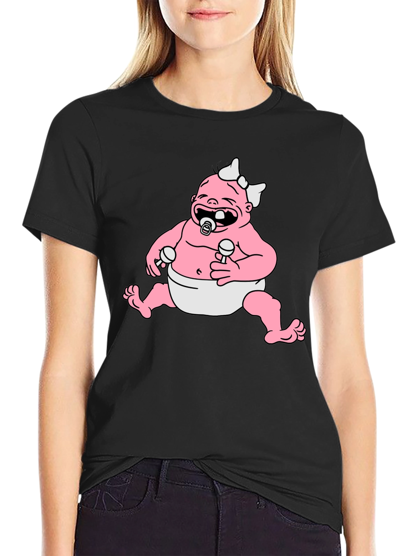 Black Cartoon Baby Graphic Black T-Shirt view 2